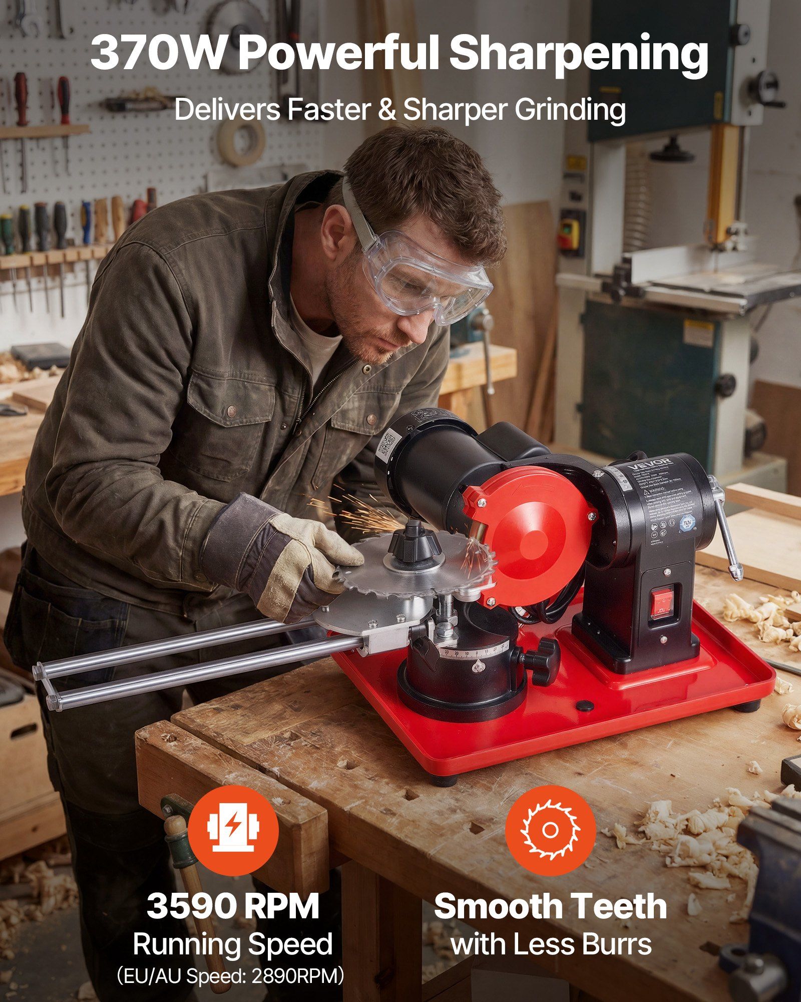 Circular Saw Blade Sharpener, 370W 2890RPM Rotary Angle Mill Grinder Sharpening Machine with 125mm Grinding Wheel & 6 Saw Centerings - Fits Φ80mm to Φ700mm Circular Saw Blades - Image 2