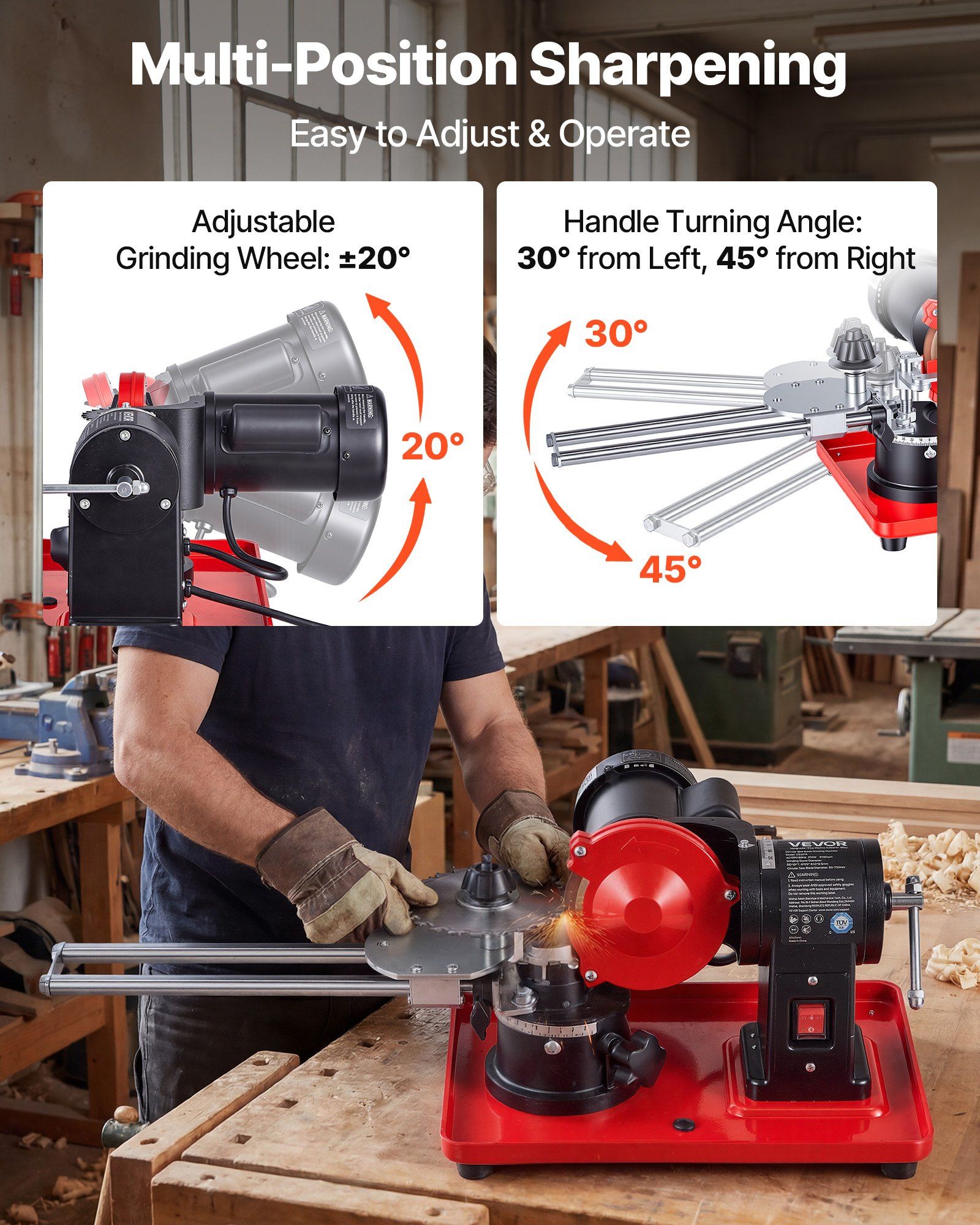 Circular Saw Blade Sharpener, 370W 2890RPM Rotary Angle Mill Grinder Sharpening Machine with 125mm Grinding Wheel & 6 Saw Centerings - Fits Φ80mm to Φ700mm Circular Saw Blades - Image 3