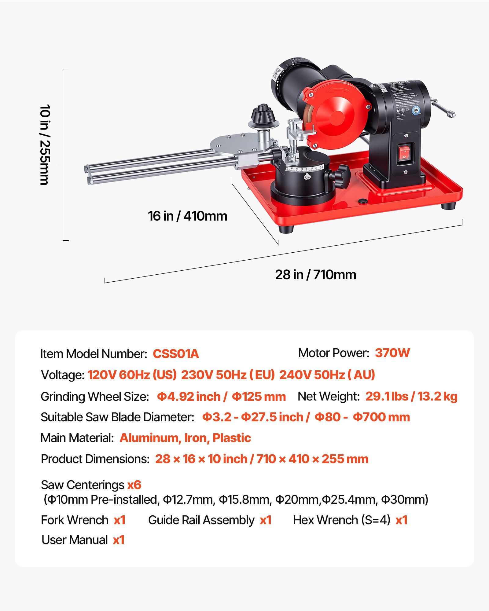 Circular Saw Blade Sharpener, 370W 2890RPM Rotary Angle Mill Grinder Sharpening Machine with 125mm Grinding Wheel & 6 Saw Centerings - Fits Φ80mm to Φ700mm Circular Saw Blades - Image 7