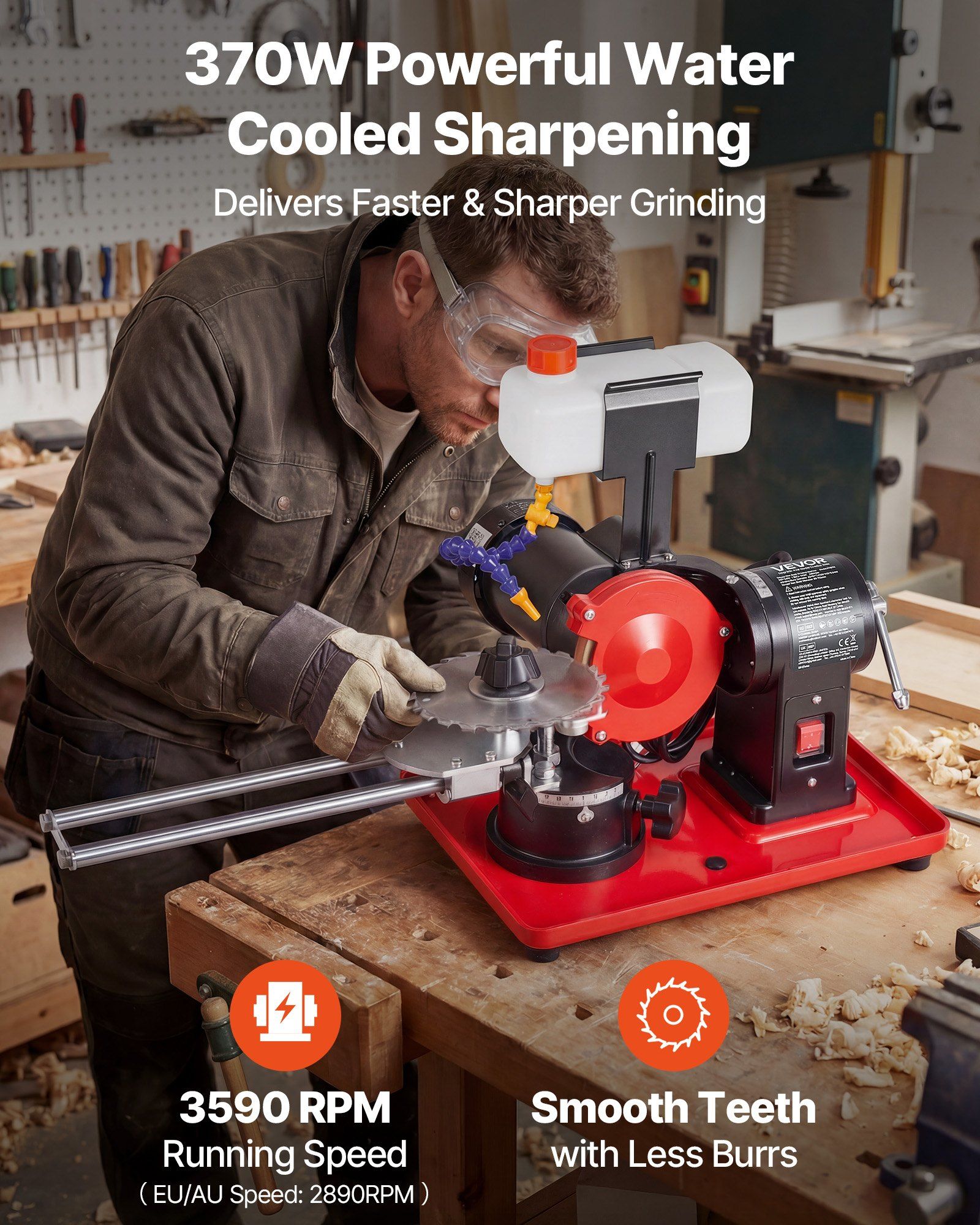 Circular Saw Blade Sharpener with Water Tank, 370W 2890RPM Rotary Angle Mill Grinder, Water Injection Sharpening Machine with 125mm Grinding Wheel - Fits Φ80mm to Φ700mm Circular Saw Blades - Image 2