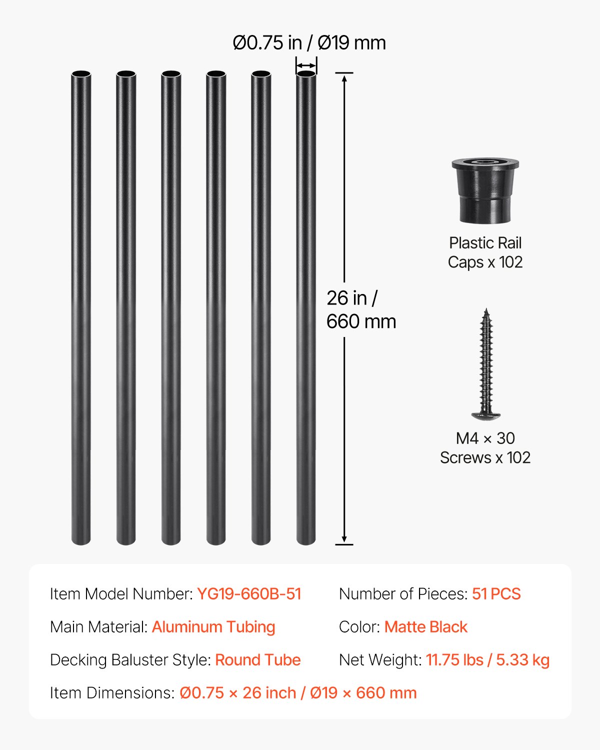 Staircase Balusters 51 Pack, 660 mm Aluminum Stair Balusters, 19 mm Water-Proof Round Metal Spindle Railing, Hollow Deck Railing with Rail Caps & Screws for Stairs, Porch, Patio, Fence, Black - Image 7