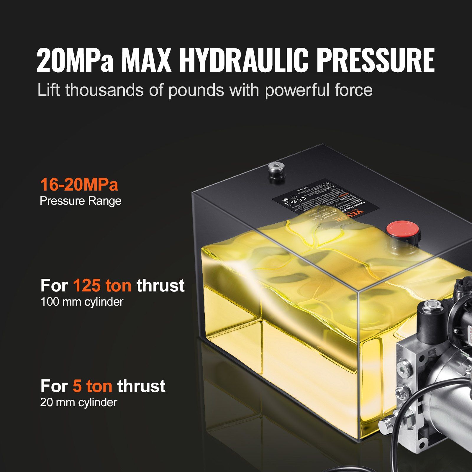 Hydraulic Pump, 20 Quart Hydraulic Power Unit, Single Acting Dump Trailer Pump, 0.91 GPM Flow Rate, 3200 PSI Max Relief Pressure, DC 12V Hydraulic Pump for Dump Trailer Car Lifting - Image 3