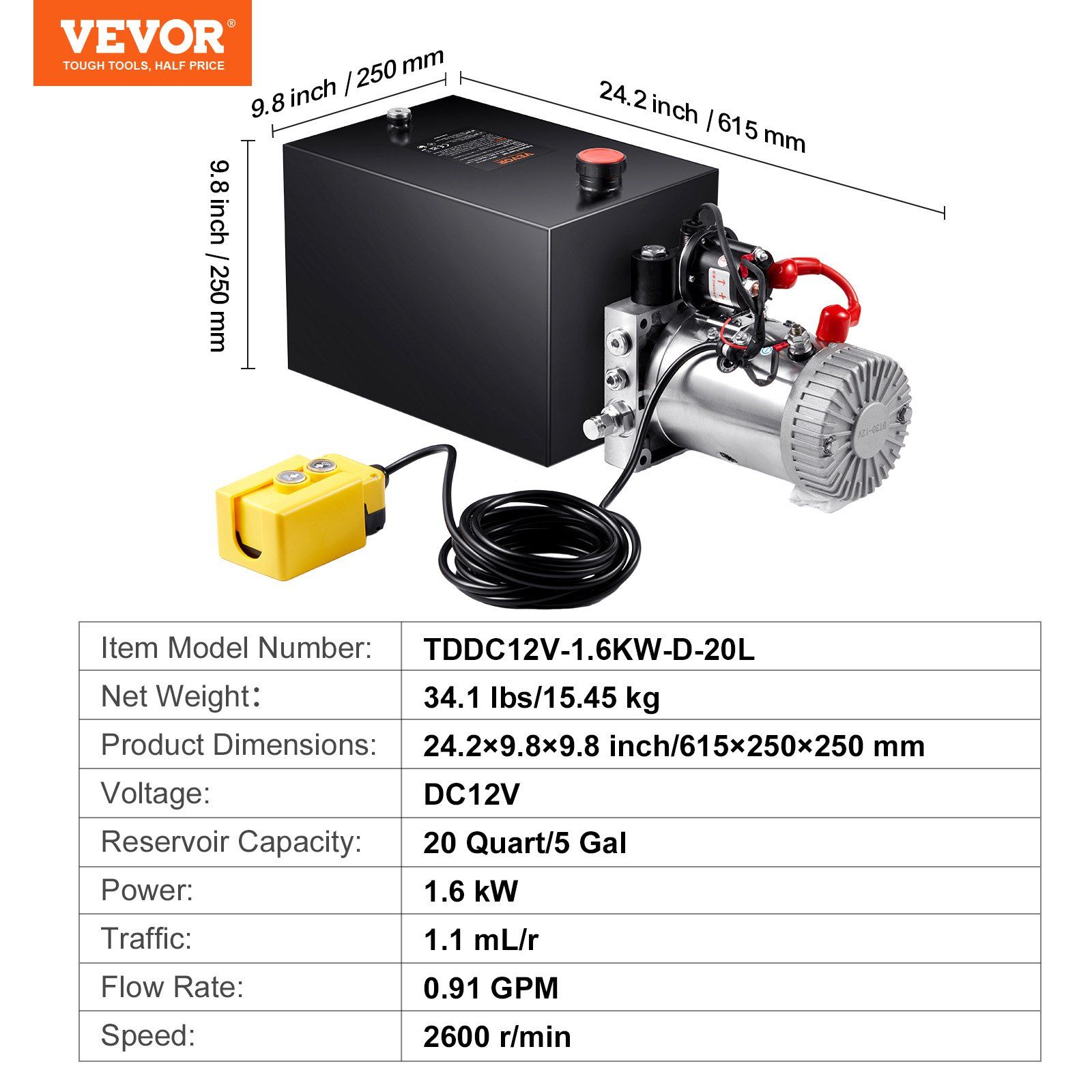 Hydraulic Pump, 20 Quart Hydraulic Power Unit, Single Acting Dump Trailer Pump, 0.91 GPM Flow Rate, 3200 PSI Max Relief Pressure, DC 12V Hydraulic Pump for Dump Trailer Car Lifting - Image 7