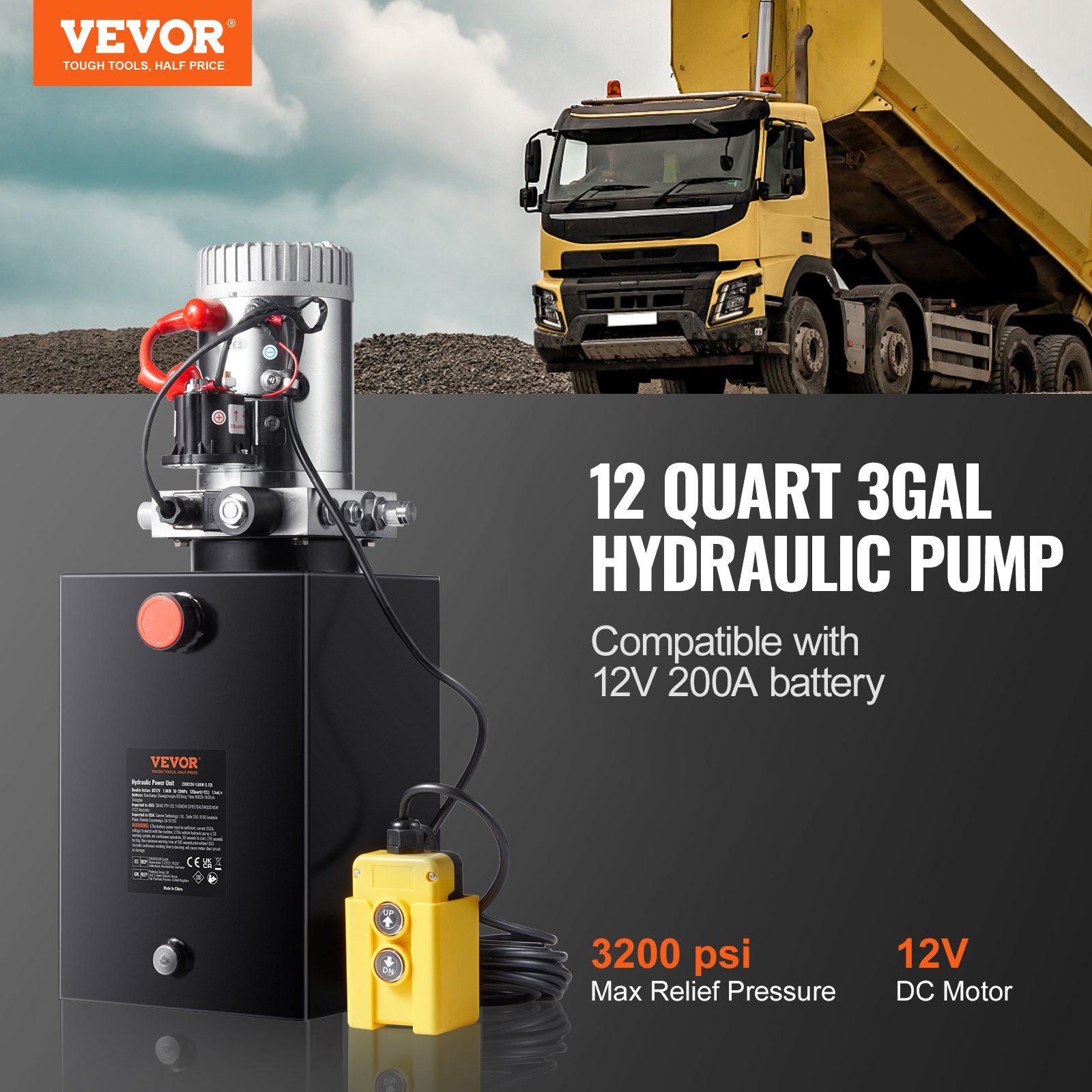 Hydraulic Pump, 12 Quart Hydraulic Power Unit, Single Acting Dump Trailer Pump, 0.91 GPM Flow Rate, 3200 PSI Max Relief Pressure, DC 12V Hydraulic Pump for Dump Trailer Car Lifting - Image 2