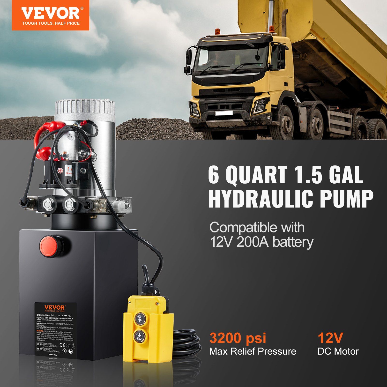 Hydraulic Pump, 6 Quart Hydraulic Power Unit, Double Acting Dump Trailer Pump, 0.91 GPM Flow Rate, 3200 PSI Max Relief Pressure, DC 12V Hydraulic Pump for Dump Trailer Car Lifting - Image 2