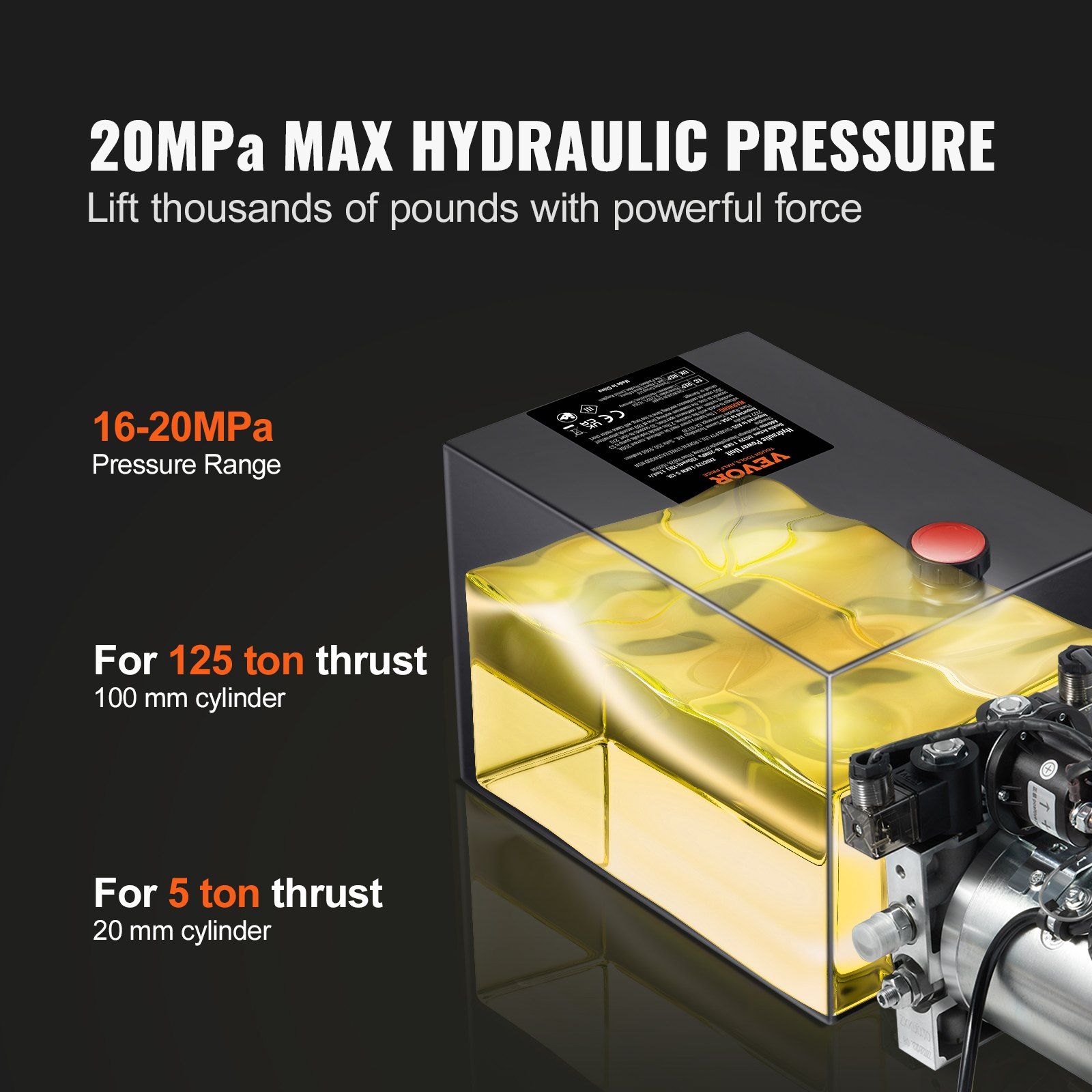 Hydraulic Pump, 6 Quart Hydraulic Power Unit, Double Acting Dump Trailer Pump, 0.91 GPM Flow Rate, 3200 PSI Max Relief Pressure, DC 12V Hydraulic Pump for Dump Trailer Car Lifting - Image 3