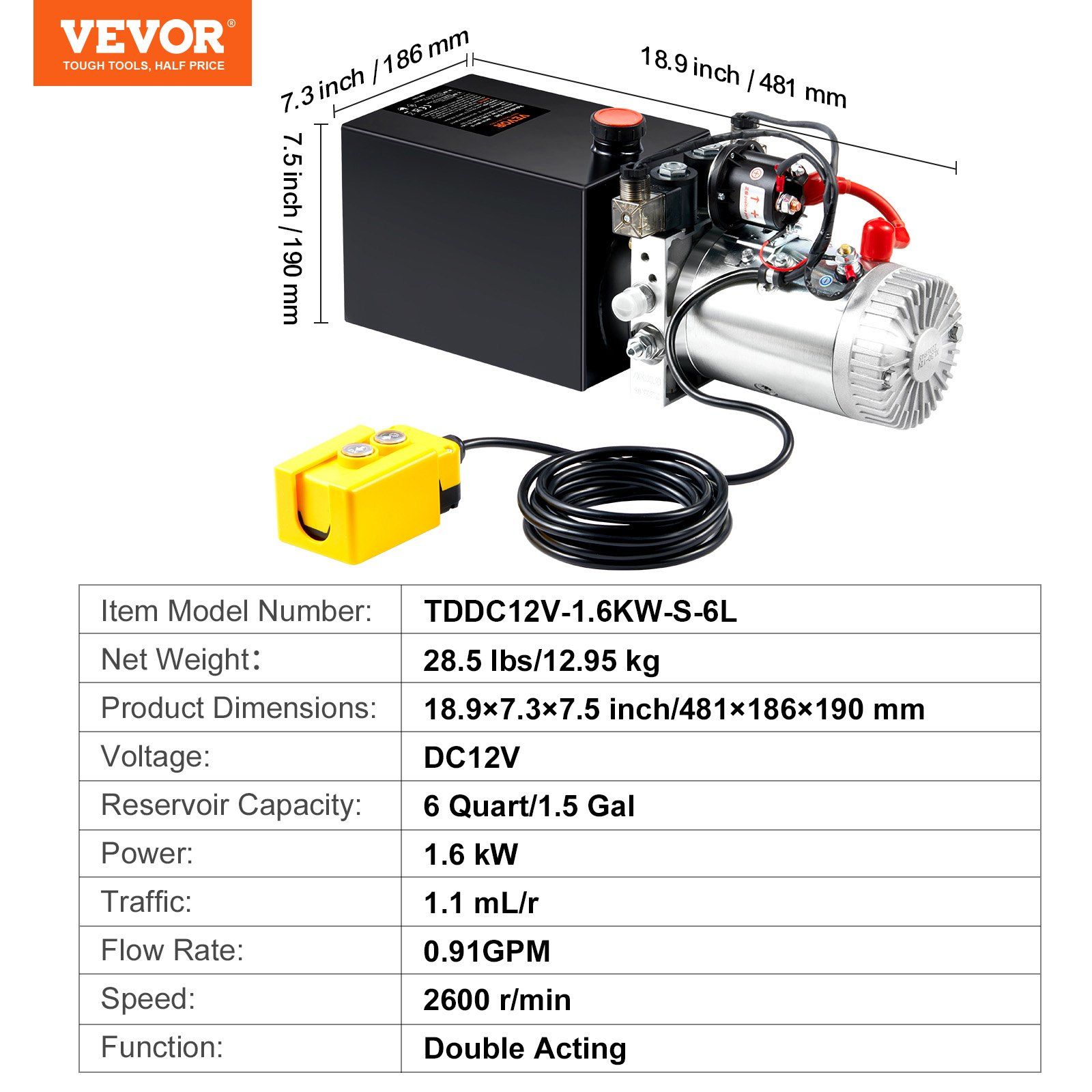 Hydraulic Pump, 6 Quart Hydraulic Power Unit, Double Acting Dump Trailer Pump, 0.91 GPM Flow Rate, 3200 PSI Max Relief Pressure, DC 12V Hydraulic Pump for Dump Trailer Car Lifting - Image 7