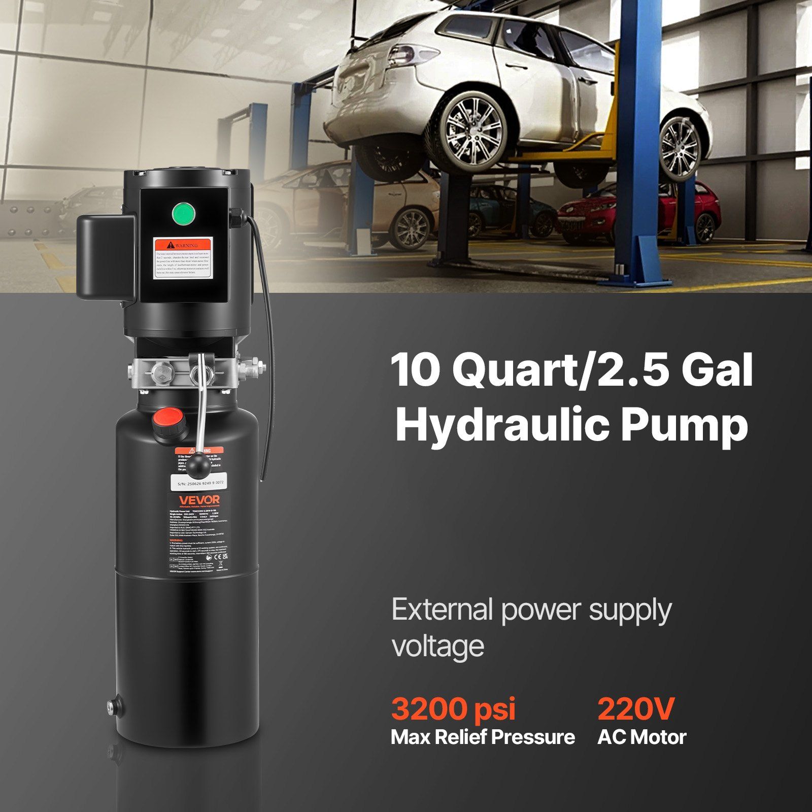 Hydraulic Pump Power Unit, AC 220V, 10 Quart Single Acting Hydraulic Unit, 6.3 L/min Oil Flow, Max Discharge Pressure 22 MPa for Dump Truck, Auto Repair Garage, Car Lifting Platforms, Black - Image 2
