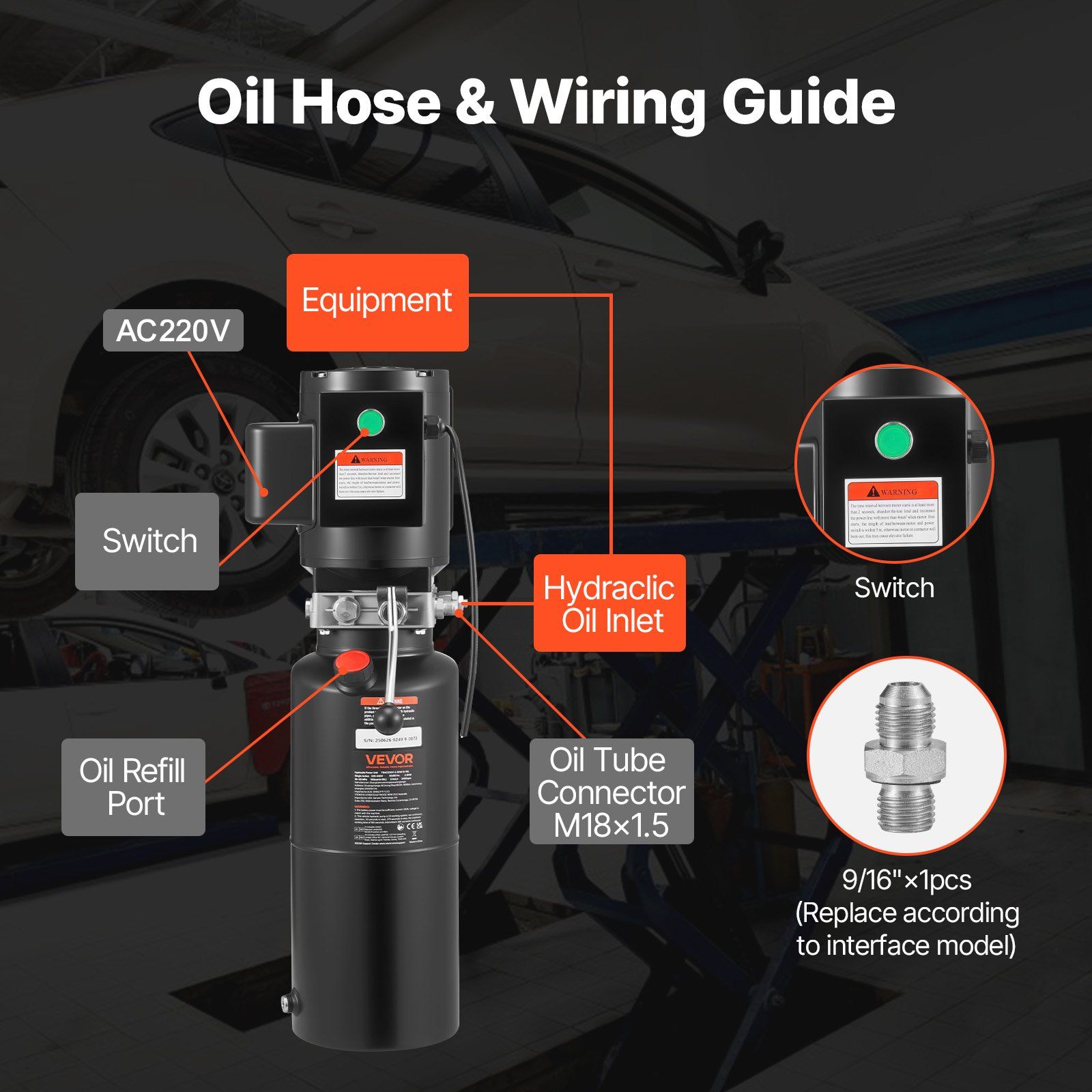 Hydraulic Pump Power Unit, AC 220V, 10 Quart Single Acting Hydraulic Unit, 6.3 L/min Oil Flow, Max Discharge Pressure 22 MPa for Dump Truck, Auto Repair Garage, Car Lifting Platforms, Black - Image 6