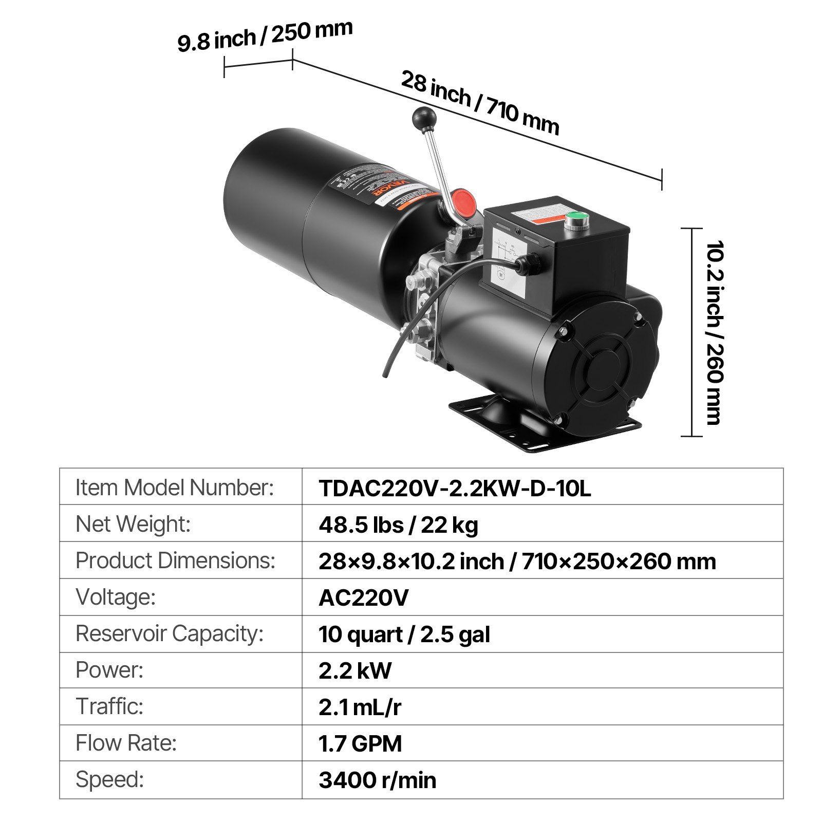 Hydraulic Pump Power Unit, AC 220V, 10 Quart Single Acting Hydraulic Unit, 6.3 L/min Oil Flow, Max Discharge Pressure 22 MPa for Dump Truck, Auto Repair Garage, Car Lifting Platforms, Black - Image 7
