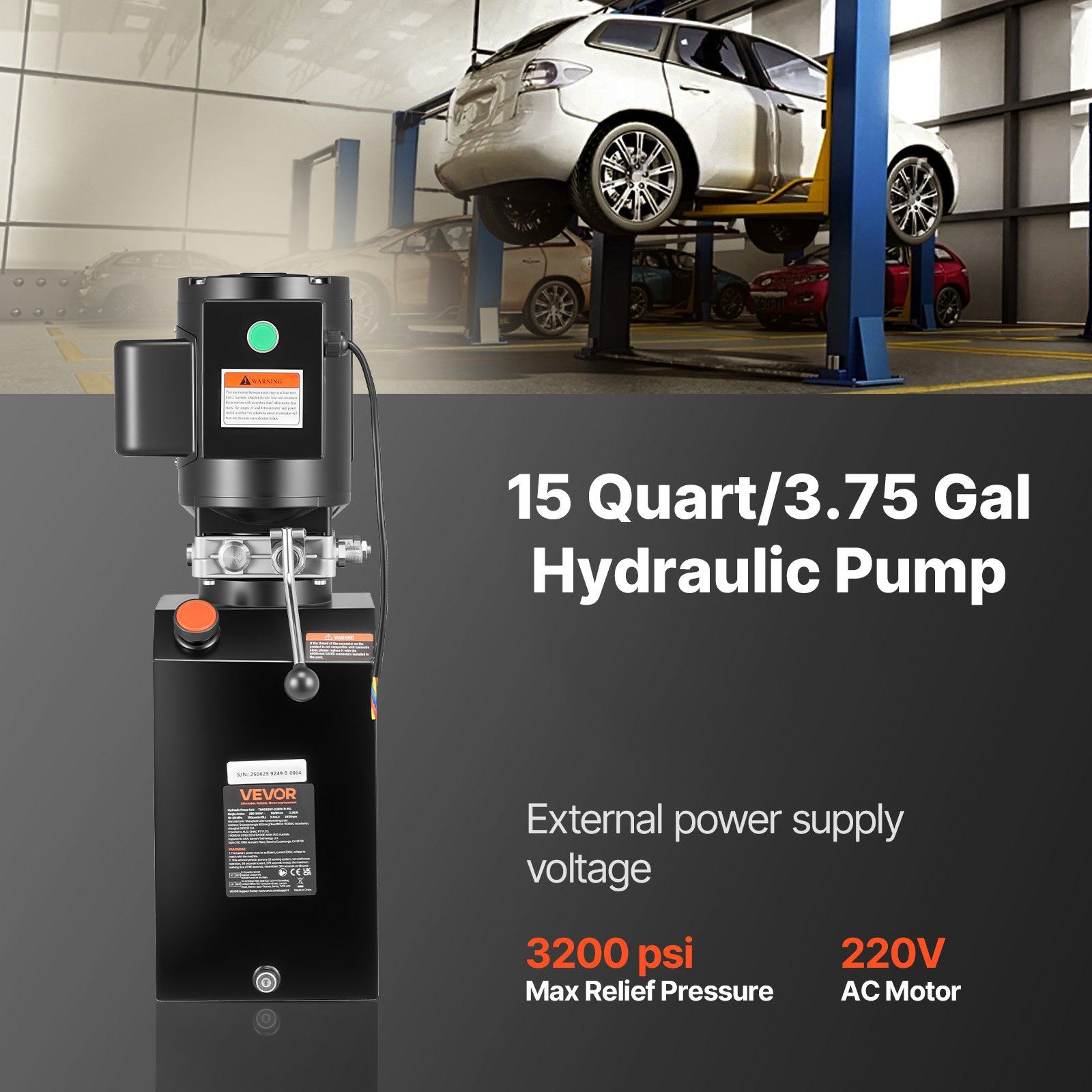 Hydraulic Pump Power Unit, AC 220V, 15 Quart Single Acting Hydraulic Unit, 6.3 L/min Oil Flow, Max Discharge Pressure 22 MPa for Dump Truck, Auto Repair Garage, Car Lifting Platforms, Black - Image 2