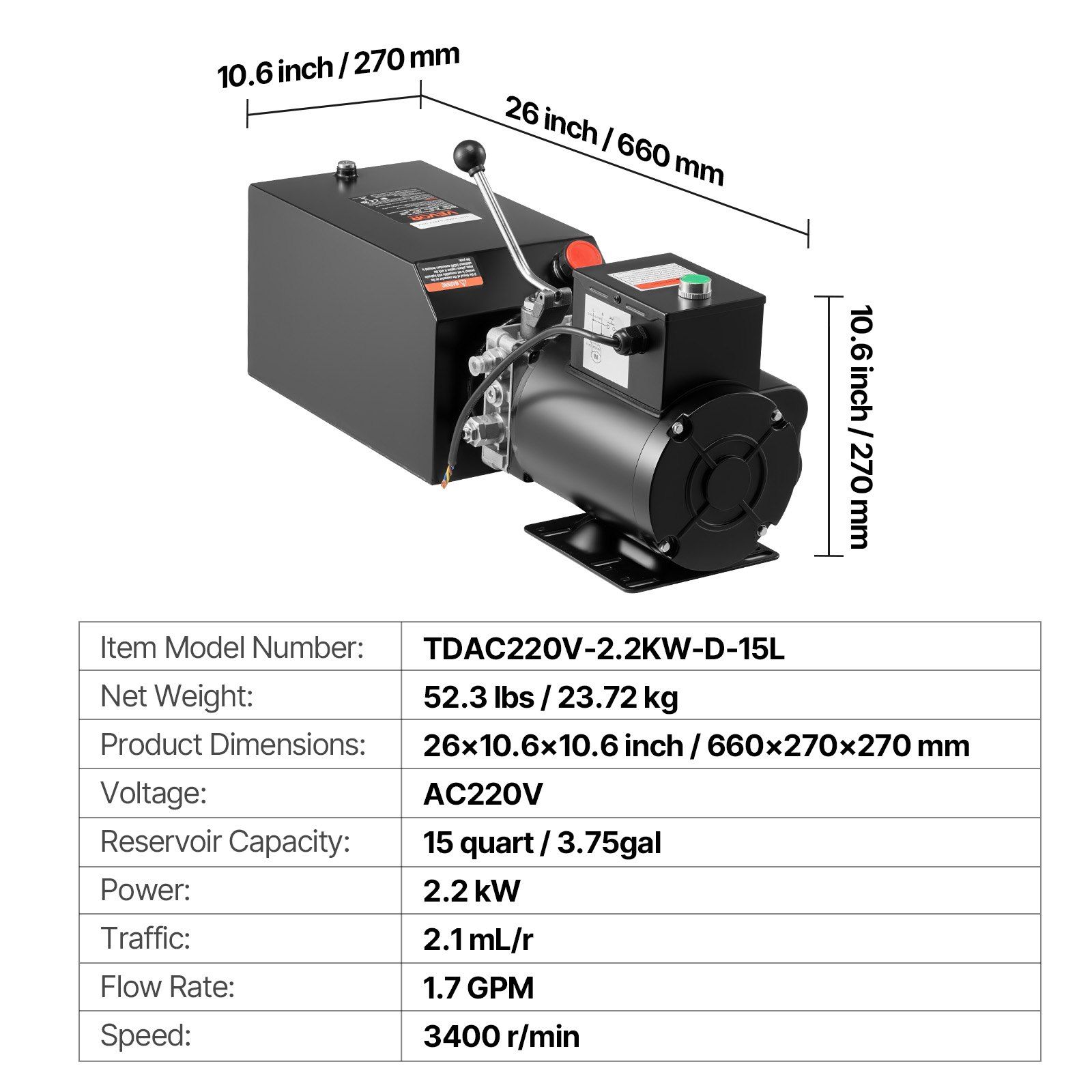 Hydraulic Pump Power Unit, AC 220V, 15 Quart Single Acting Hydraulic Unit, 6.3 L/min Oil Flow, Max Discharge Pressure 22 MPa for Dump Truck, Auto Repair Garage, Car Lifting Platforms, Black - Image 7