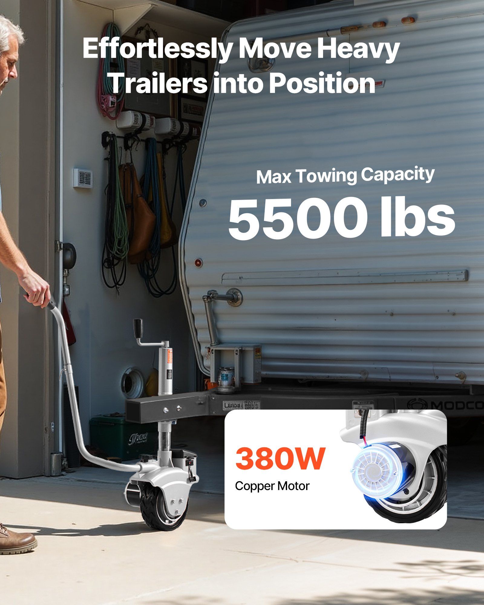 Electric Trailer Dolly, 2.5 T Towing Capacity, 380W 12V Motorized Jockey Wheel with 7 m/min Moving Speed, 31-63 cm Adjustable Clamp Height & 20.3 cm Rubber Tire, For Moving Caravan Boat - Image 2