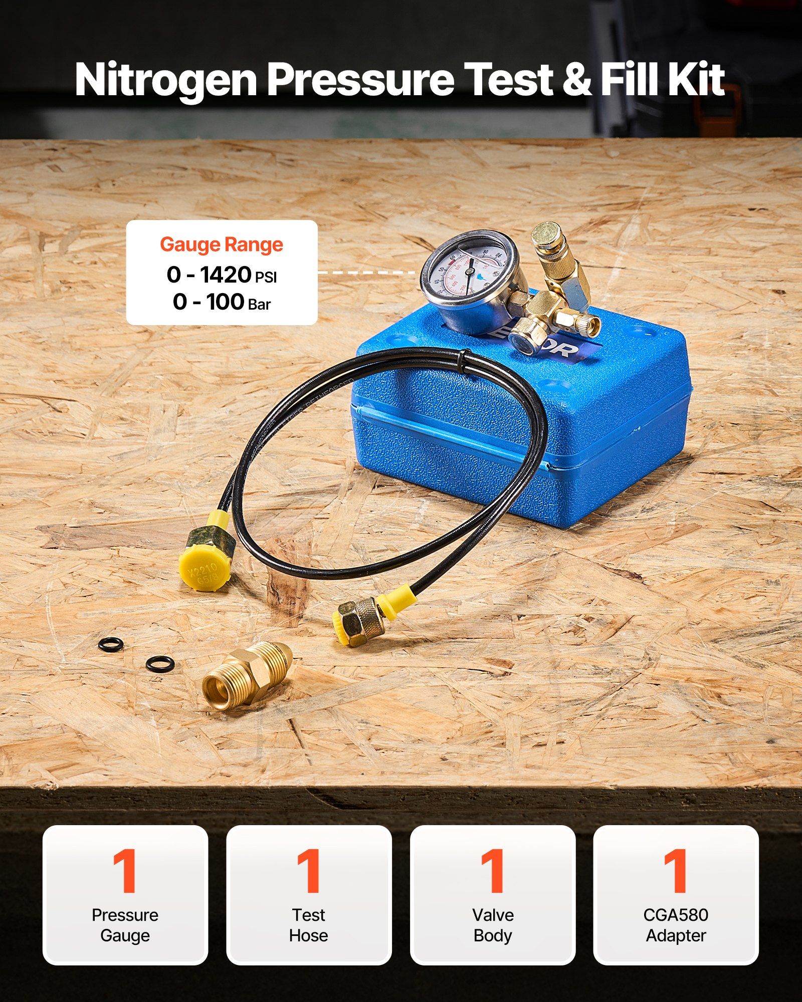 Hydraulic Nitrogen Accumulator Charging Kit, 0-100 Bar Nitrogen Fill Kit, Pressure Test System with 1 Pressure Gauge, 1 Gas Hose, 1 Valve Body and 1 CGA580 Adapter for Construction Machinery - Image 2