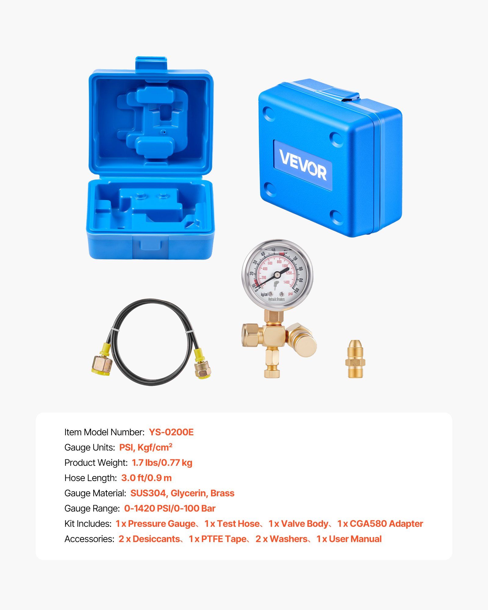Hydraulic Nitrogen Accumulator Charging Kit, 0-100 Bar Nitrogen Fill Kit, Pressure Test System with 1 Pressure Gauge, 1 Gas Hose, 1 Valve Body and 1 CGA580 Adapter for Construction Machinery - Image 7