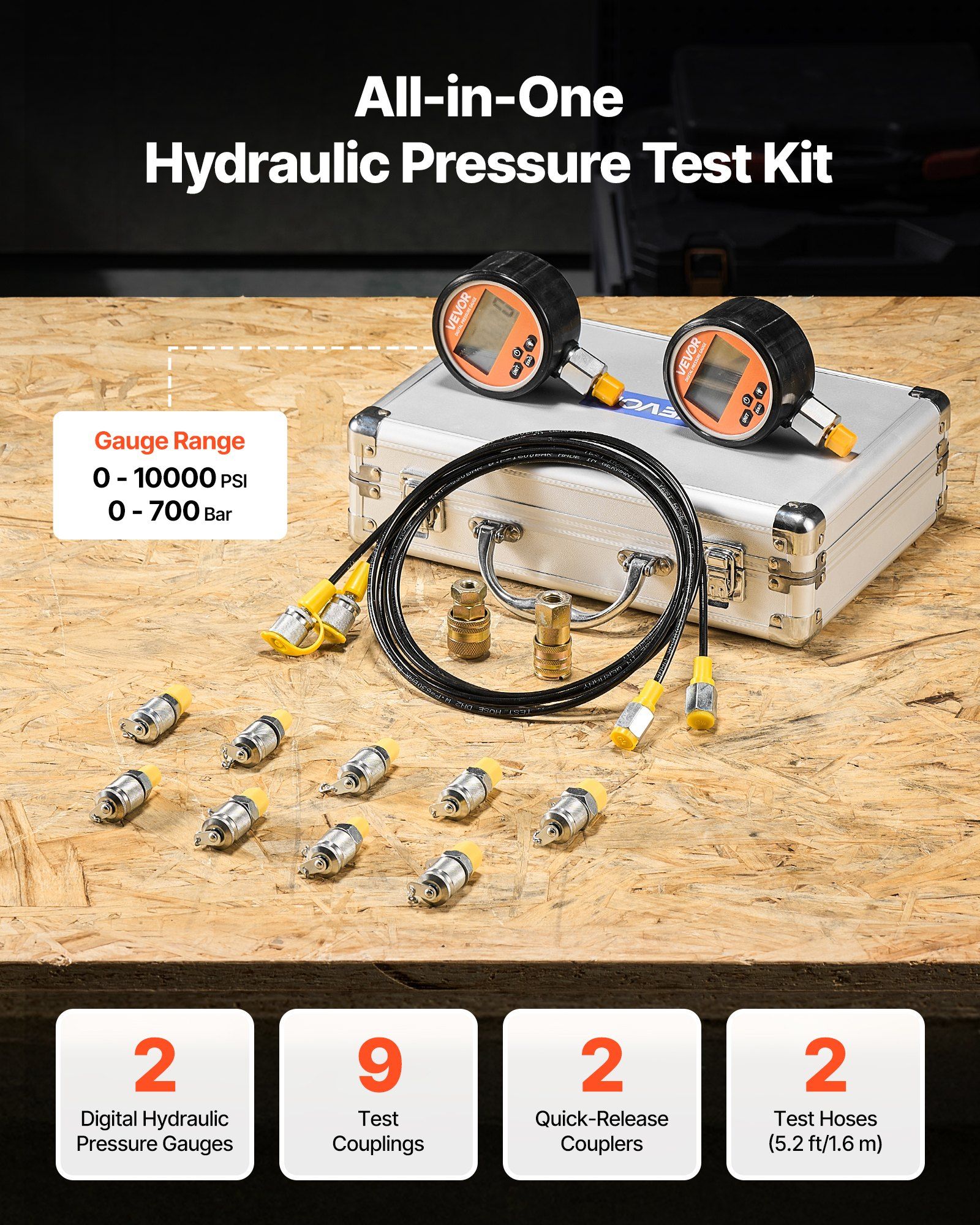 Digital Hydraulic Pressure Test Coupling Kit, 700 Bar Pressure Gauge Manometer Tester with 2 Gauges, 9 Test Couplings, 2 Quick-Release Couplers, 2 Hoses for Excavator Construction Machinery - Image 2