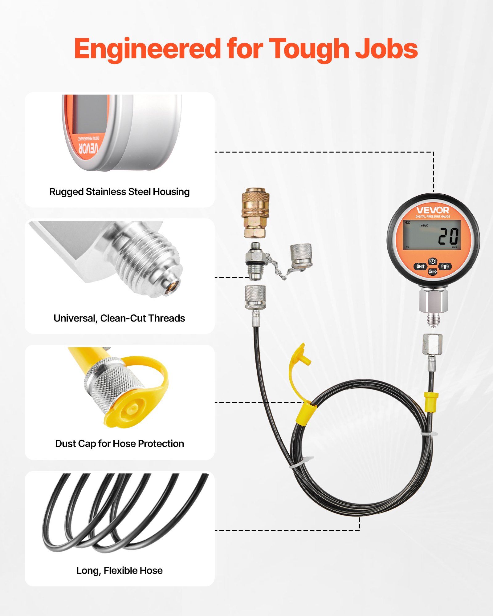 Digital Hydraulic Pressure Test Coupling Kit, 700 Bar Pressure Gauge Manometer Tester with 2 Gauges, 9 Test Couplings, 2 Quick-Release Couplers, 2 Hoses for Excavator Construction Machinery - Image 5