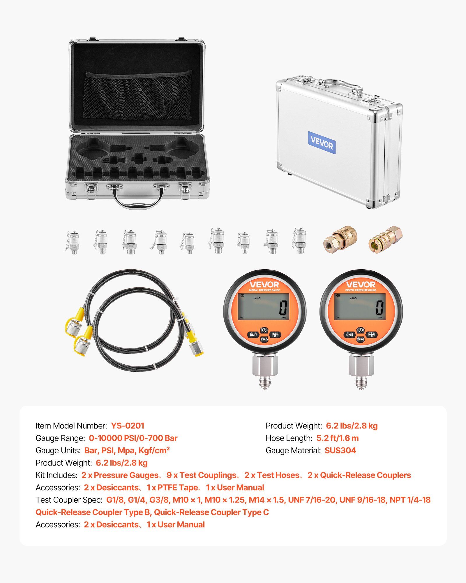 Digital Hydraulic Pressure Test Coupling Kit, 700 Bar Pressure Gauge Manometer Tester with 2 Gauges, 9 Test Couplings, 2 Quick-Release Couplers, 2 Hoses for Excavator Construction Machinery - Image 7