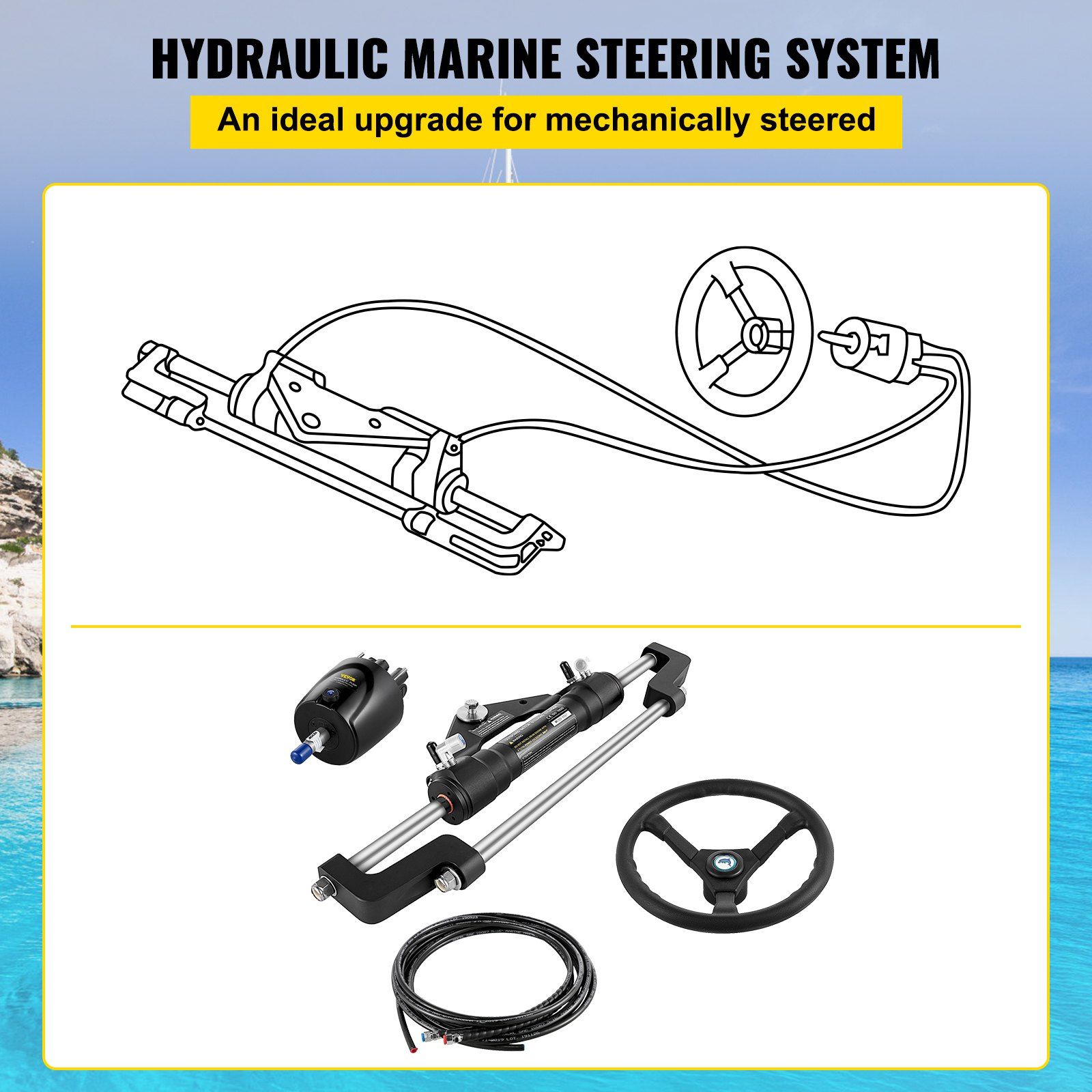 Hydraulic Boat Steering Kit, 300HP Hydraulic Steering Helm Pump, Aluminum Alloy Steering Cylinder, 13.5\