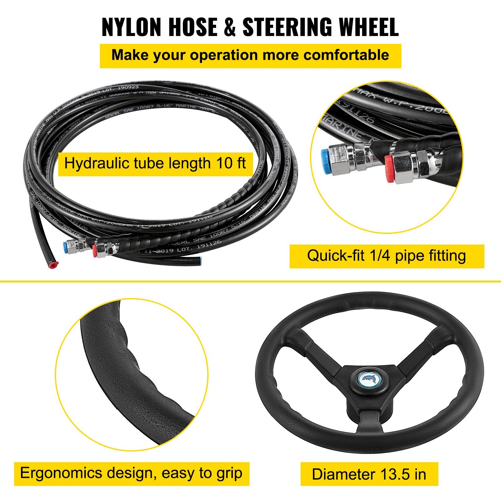 Hydraulic Boat Steering Kit, 300HP Hydraulic Steering Helm Pump, Aluminum Alloy Steering Cylinder, 13.5\