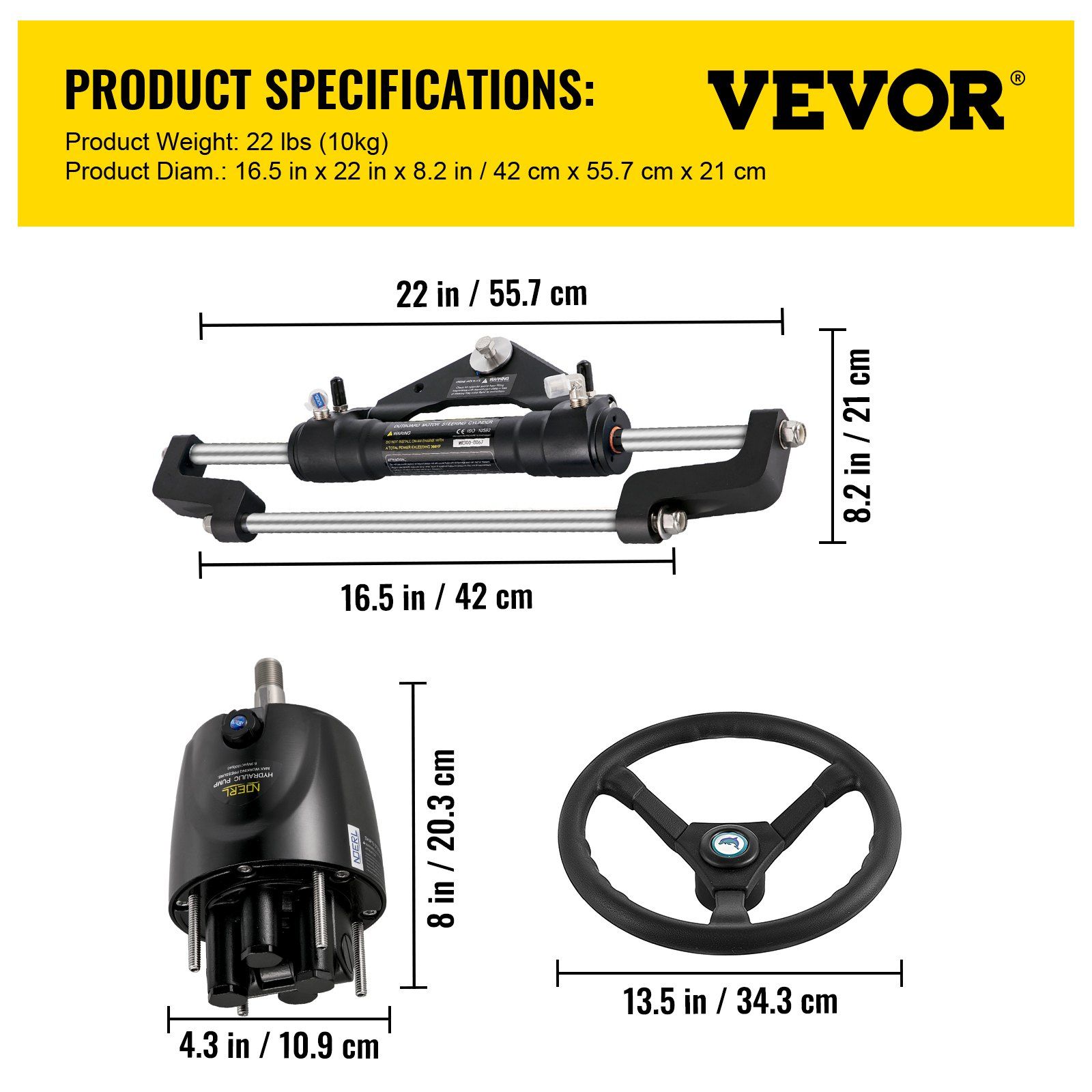 Hydraulic Boat Steering Kit, 300HP Hydraulic Steering Helm Pump, Aluminum Alloy Steering Cylinder, 13.5\