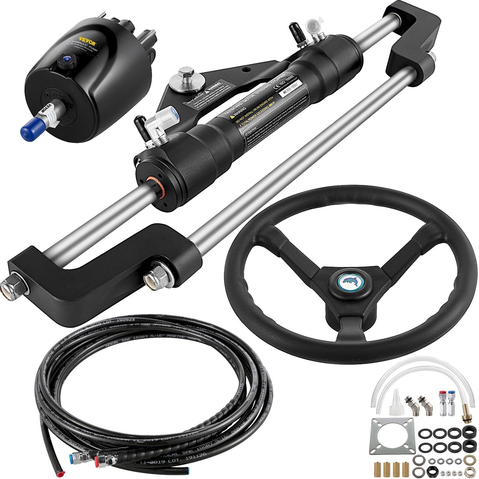 Hydraulic Boat Steering Kit, 300HP Hydraulic Steering Kit Helm Pump, Cylinder, Wheel, 24 Feet Hose Hydraulic Steering Seal Kit, Corrosion-Resistant Boat Steering System Marine Steering Kit - Image 1