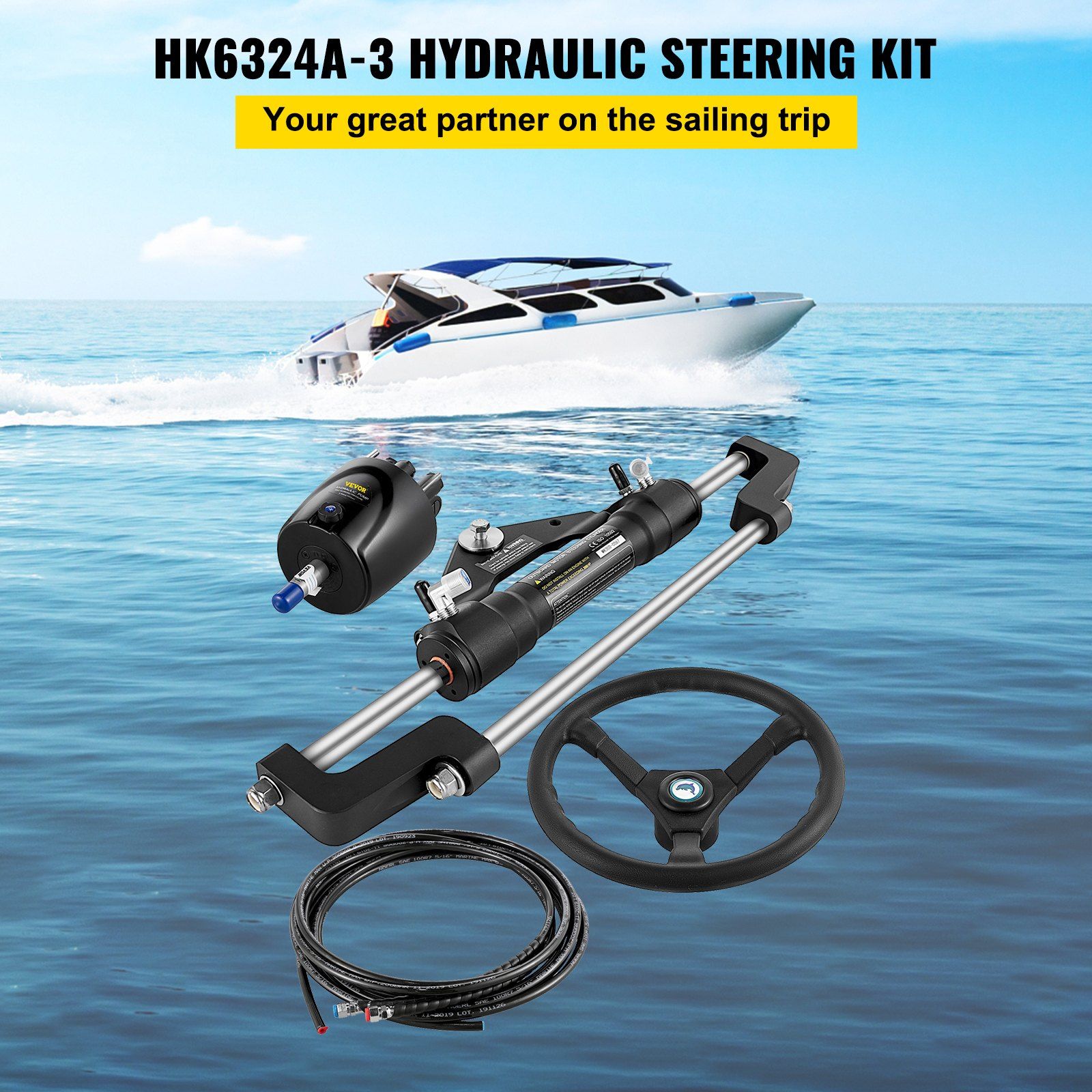 Hydraulic Boat Steering Kit, 300HP Hydraulic Steering Kit Helm Pump, Cylinder, Wheel, 24 Feet Hose Hydraulic Steering Seal Kit, Corrosion-Resistant Boat Steering System Marine Steering Kit - Image 2