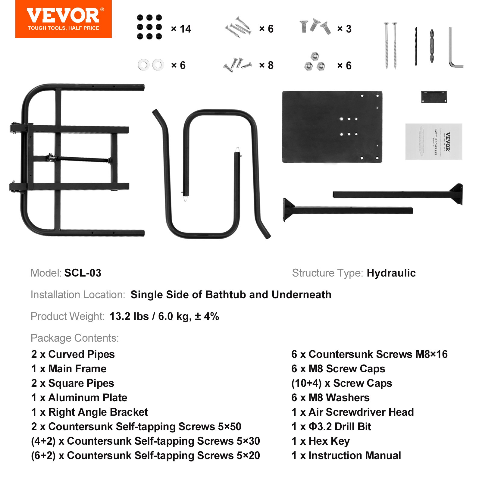 Hot Tub Cover Lift, Spa Cover Lift, Hydraulic, Height 84.07cm - 104.9cm Width 134.87cm - 234.95cm Adjustable, Installed Underneath on one Sides, Suitable for Various Sizes of Hot Tubs, Spa - Image 7