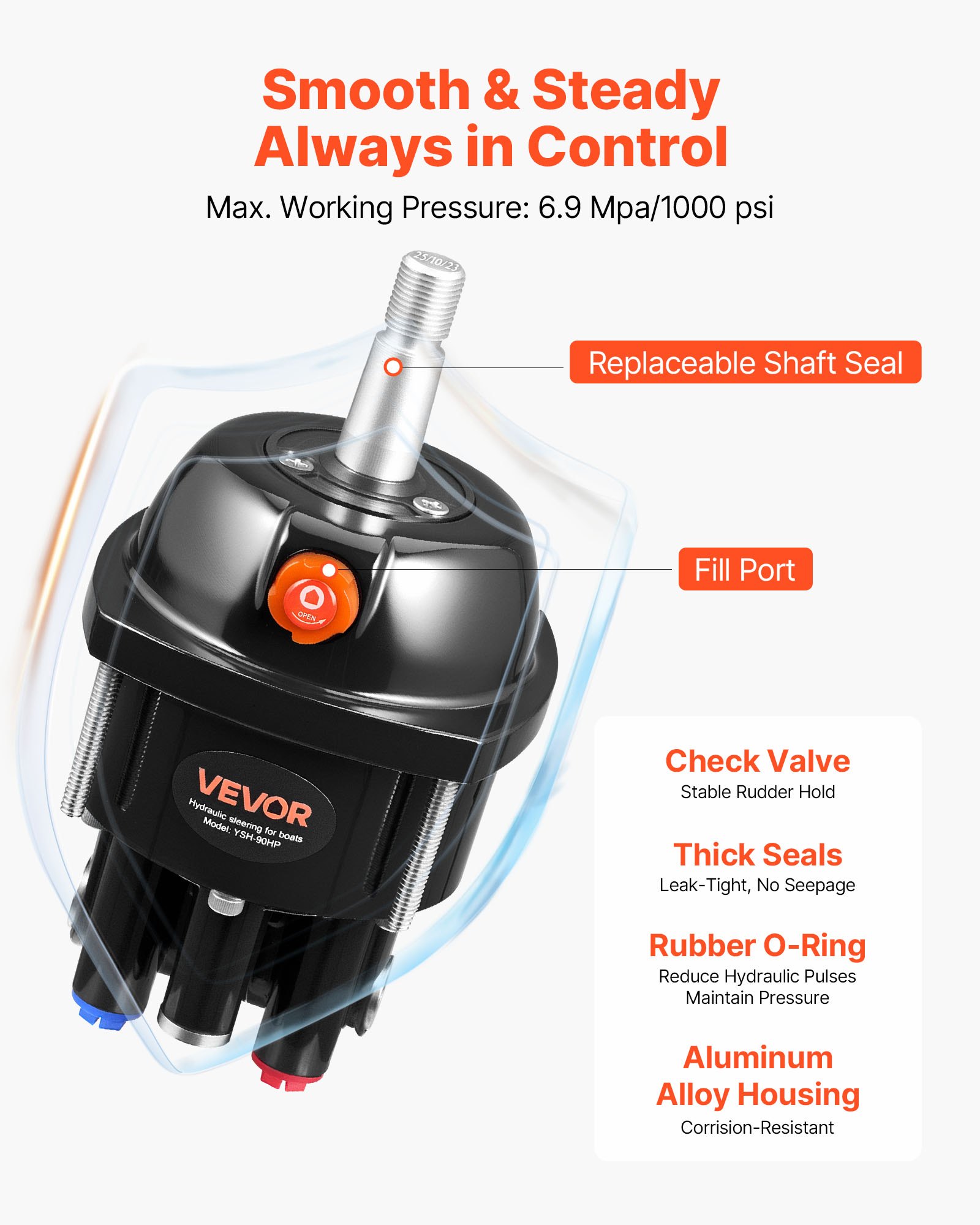 Hydraulic Steering Kit, 90 HP, Hydraulic Steering Helm Pump & Cylinder, with 6.9 MPa/1000 psi Max Working Pressure, Aluminum Alloy Housing, Check Valve, for Outboards Fishing Boats Sailboats - Image 3