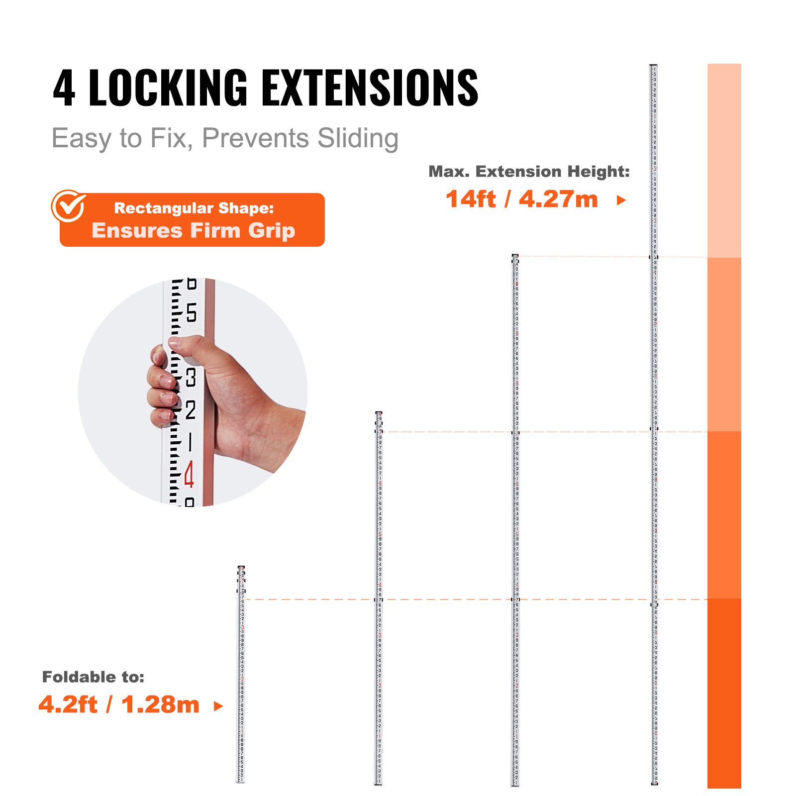 Aluminum Grade Rod, 14-Feet/8ths 4 Sections Telescopic Measuring Rod, Double-Sided Scale 1/8in Leveling Rod Stick, Aluminum Alloy Survey Rod w/ Bubble Level &Carrying Bag for Houses,Walls,Floors - Image 3