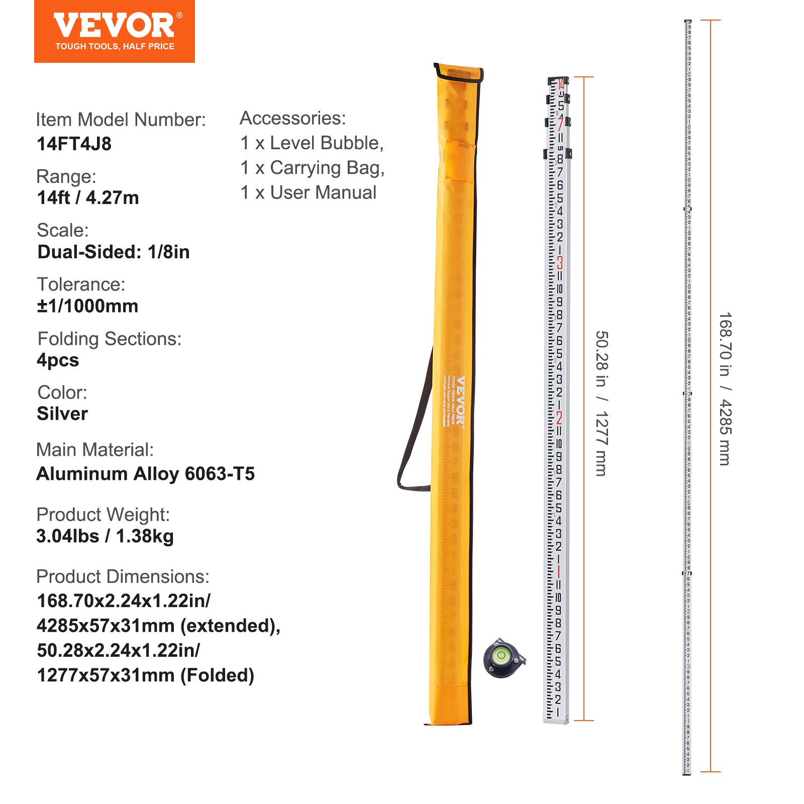 Aluminum Grade Rod, 14-Feet/8ths 4 Sections Telescopic Measuring Rod, Double-Sided Scale 1/8in Leveling Rod Stick, Aluminum Alloy Survey Rod w/ Bubble Level &Carrying Bag for Houses,Walls,Floors - Image 7