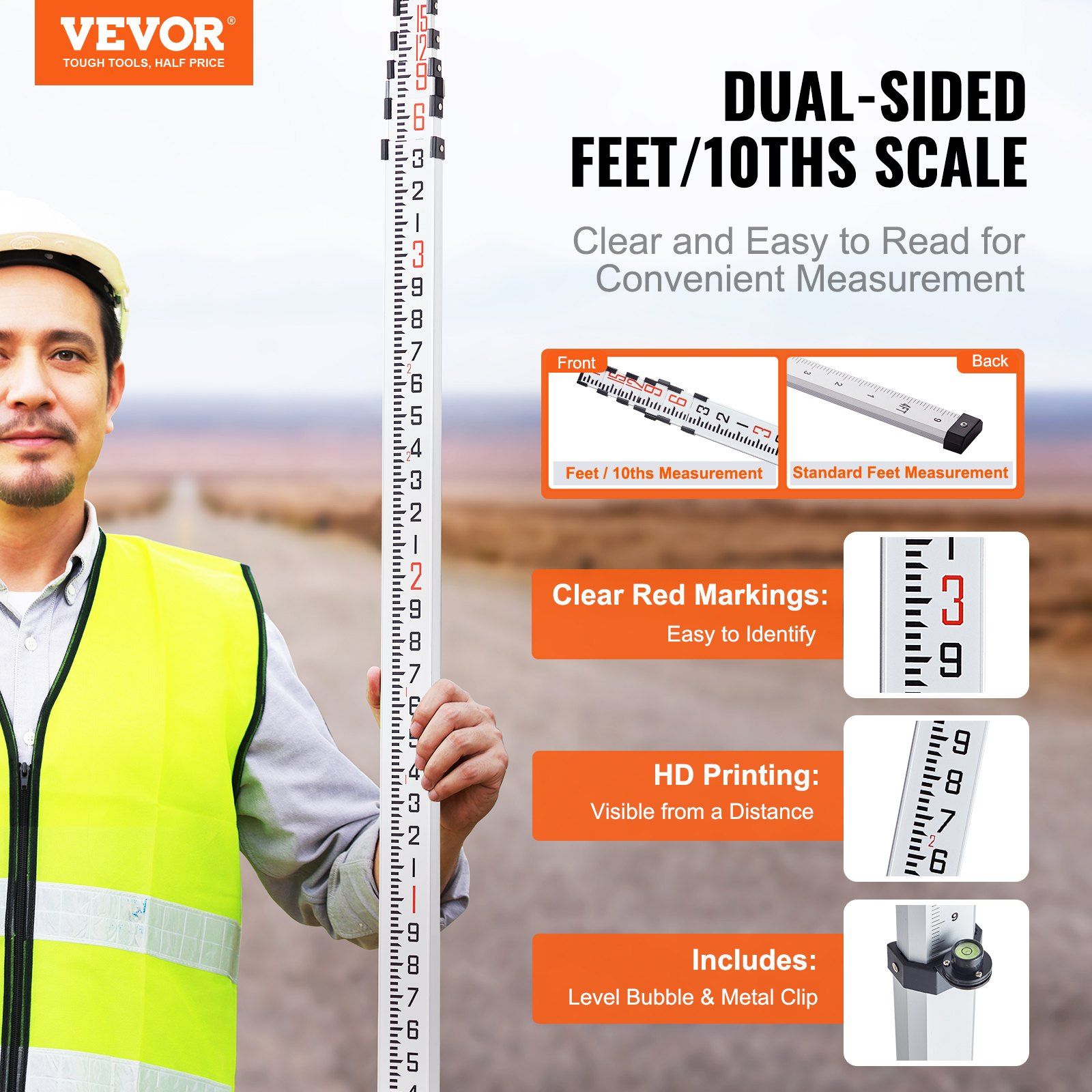 Aluminum Grade Rod, 18-Feet/10ths 6 Sections Telescopic Measuring Rod,Double-Sided Scale 1/10ft Leveling Rod Stick,Aluminum Alloy Survey Rod w/ Bubble Level &Carrying Bag for Houses,Walls,Floors - Image 2