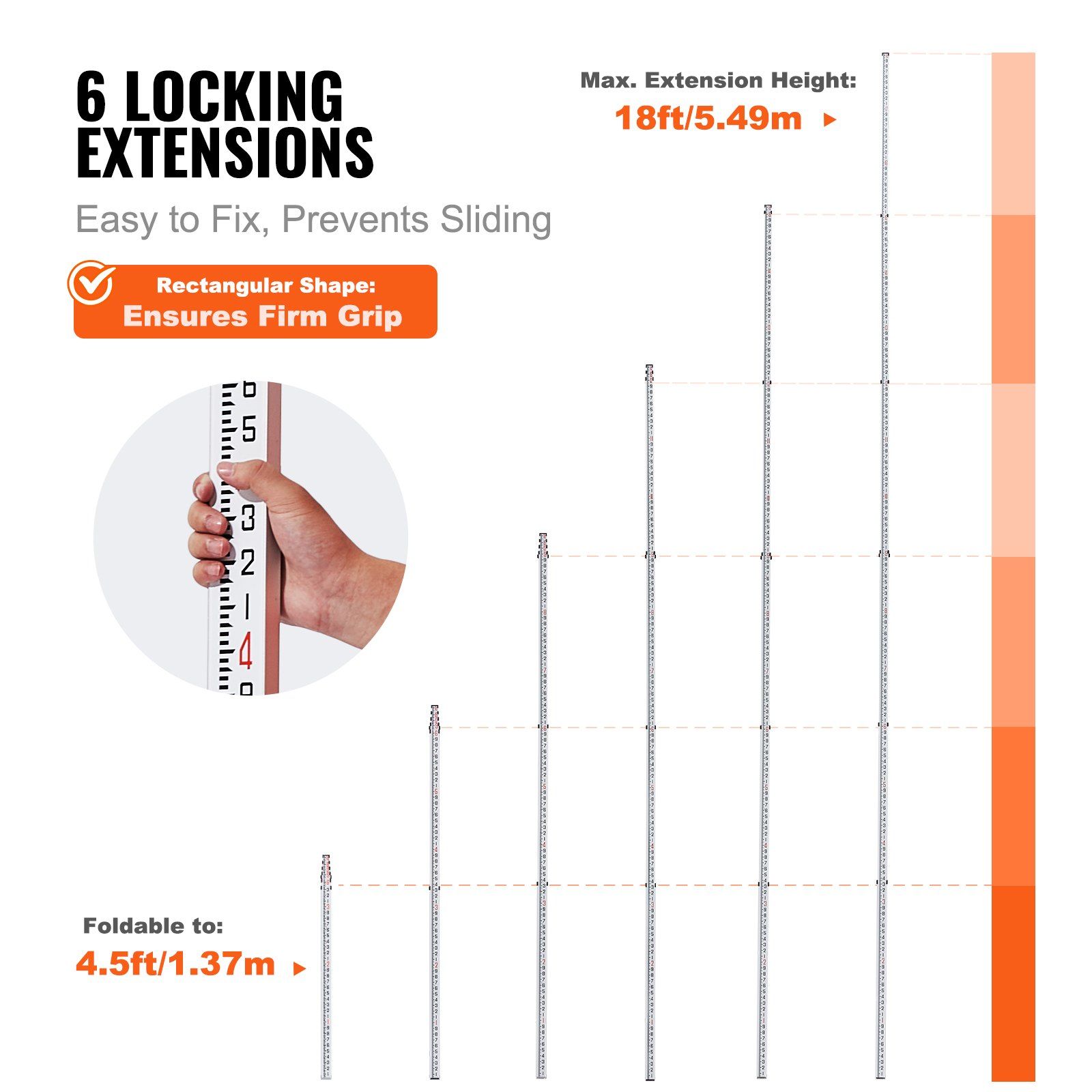 Aluminum Grade Rod, 18-Feet/10ths 6 Sections Telescopic Measuring Rod,Double-Sided Scale 1/10ft Leveling Rod Stick,Aluminum Alloy Survey Rod w/ Bubble Level &Carrying Bag for Houses,Walls,Floors - Image 3