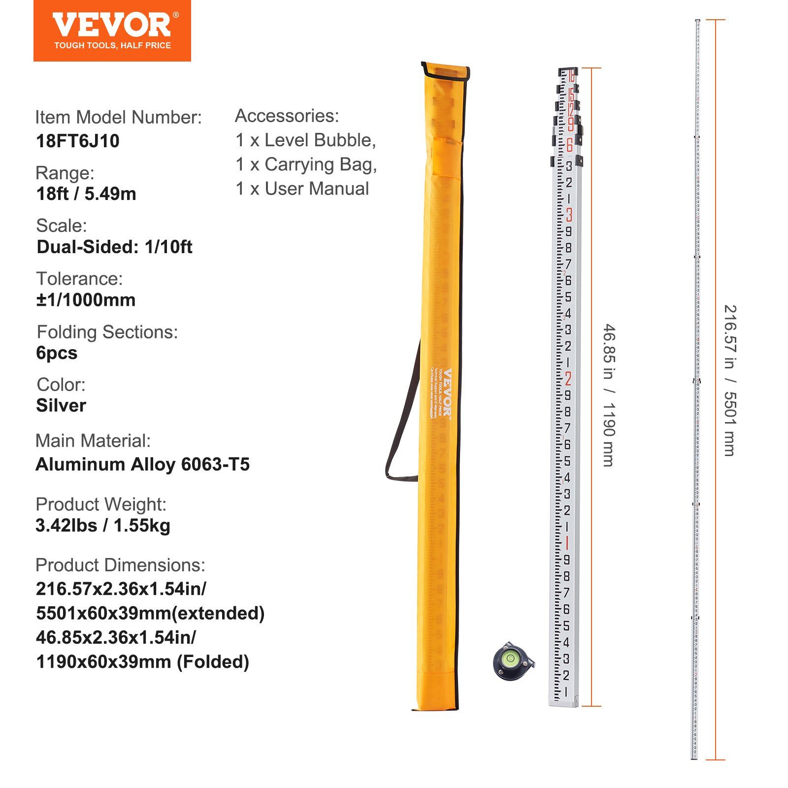 Aluminum Grade Rod, 18-Feet/10ths 6 Sections Telescopic Measuring Rod,Double-Sided Scale 1/10ft Leveling Rod Stick,Aluminum Alloy Survey Rod w/ Bubble Level &Carrying Bag for Houses,Walls,Floors - Image 7