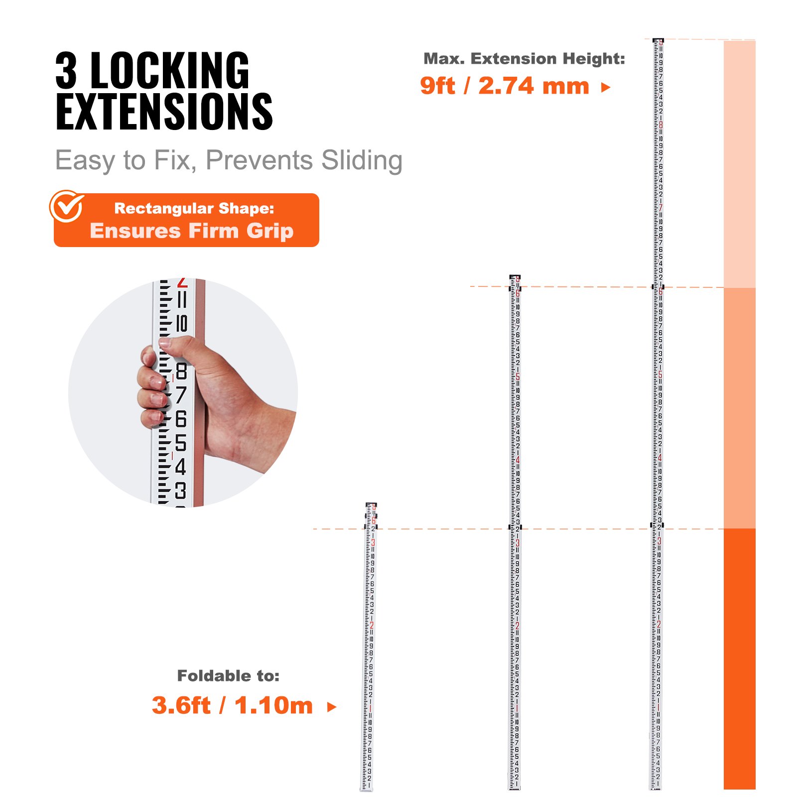 Aluminum Grade Rod, 9-Feet/8ths 3 Sections Telescopic Measuring Rod, Double-Sided Scale 1/8in Leveling Rod Stick,Aluminum Alloy Survey Rod with Bubble Level &Carrying Bag for Houses,Walls,Floors - Image 3
