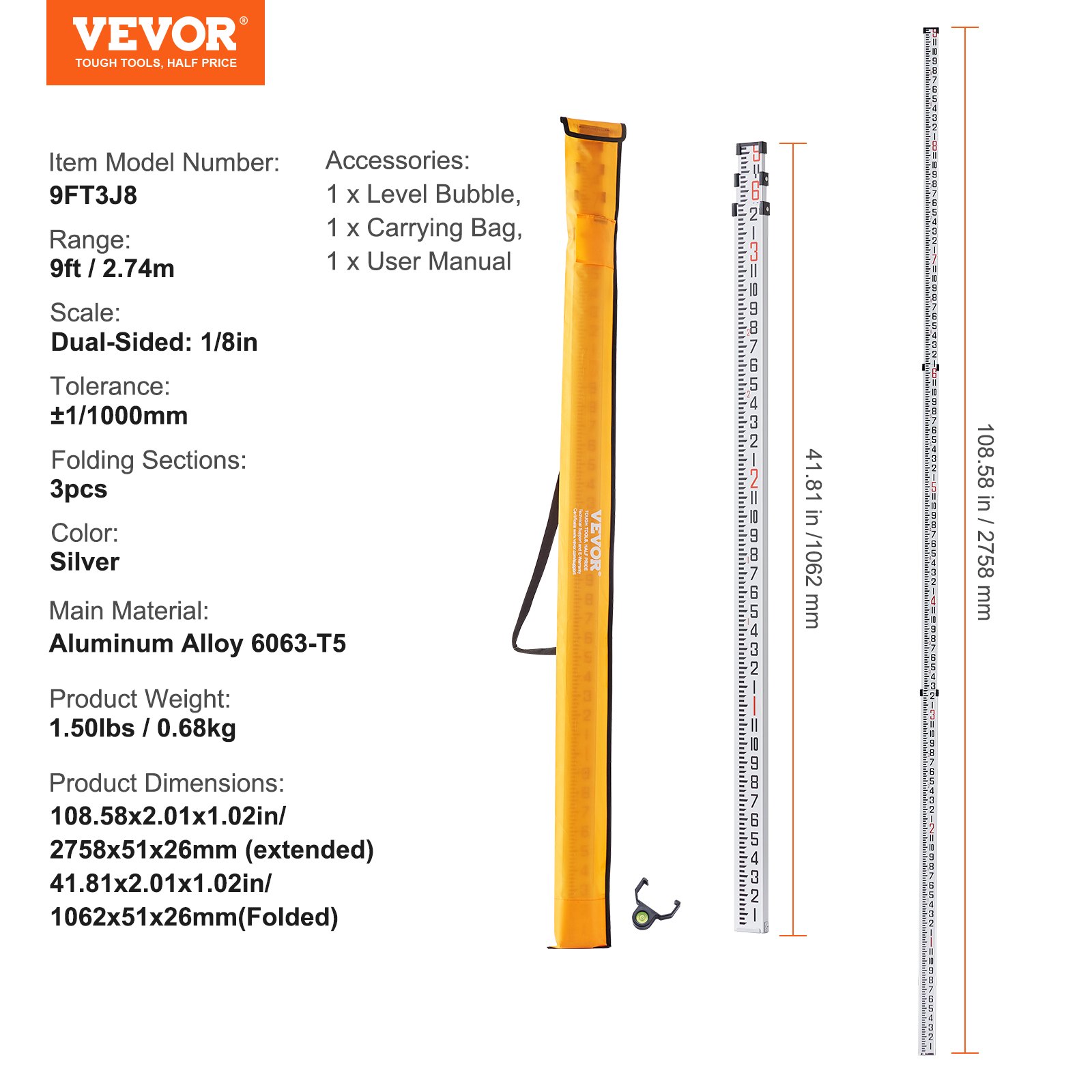 Aluminum Grade Rod, 9-Feet/8ths 3 Sections Telescopic Measuring Rod, Double-Sided Scale 1/8in Leveling Rod Stick,Aluminum Alloy Survey Rod with Bubble Level &Carrying Bag for Houses,Walls,Floors - Image 7