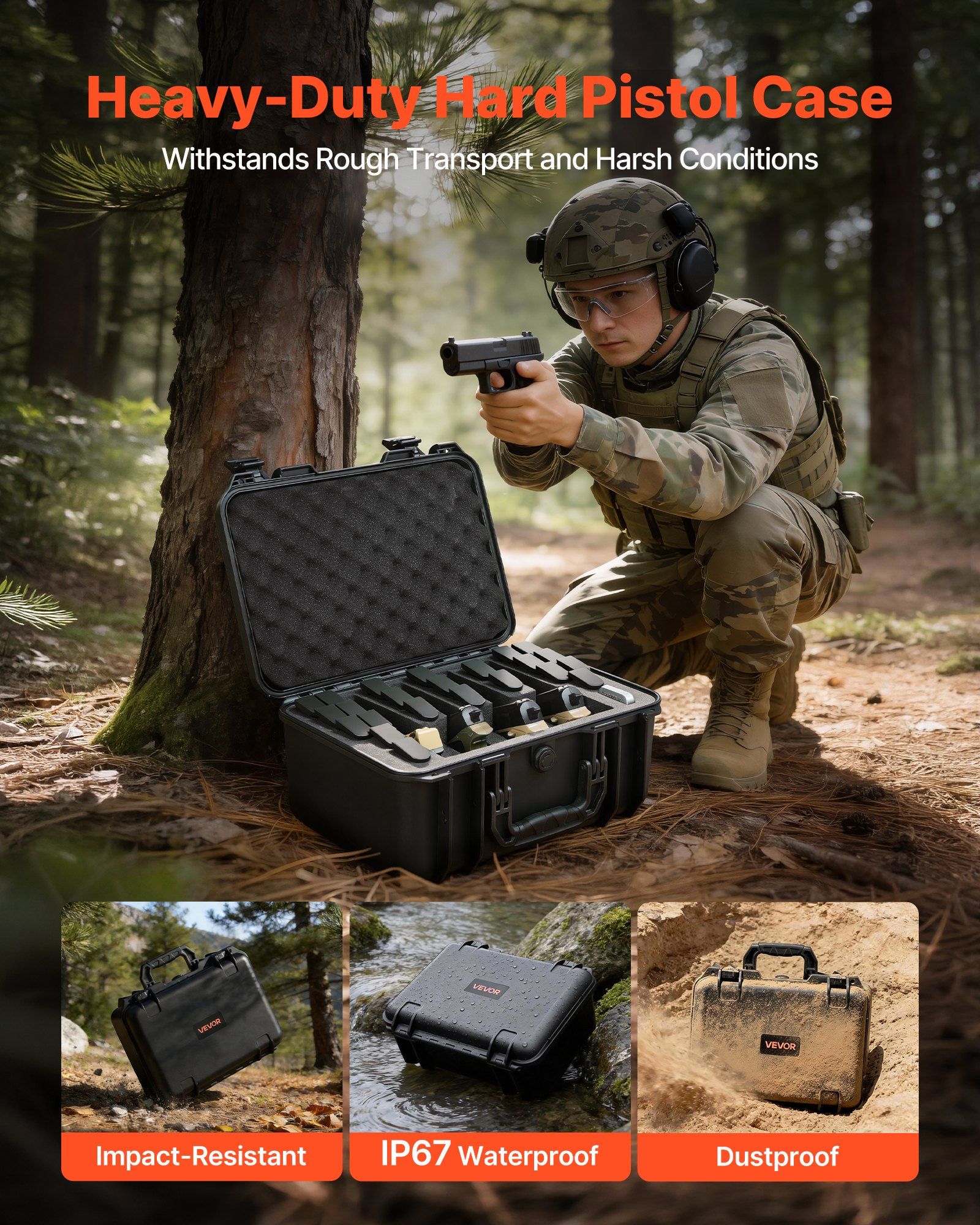Hard Pistol Case, Heavy Duty Hard Gun Case with XPE Foam Lining, Waterproof Pistol Storage Box with Customizable Interior & Handle for Gun, Lenses, Camera, Gear, TSA Compliant, 404x319x192 mm - Image 4