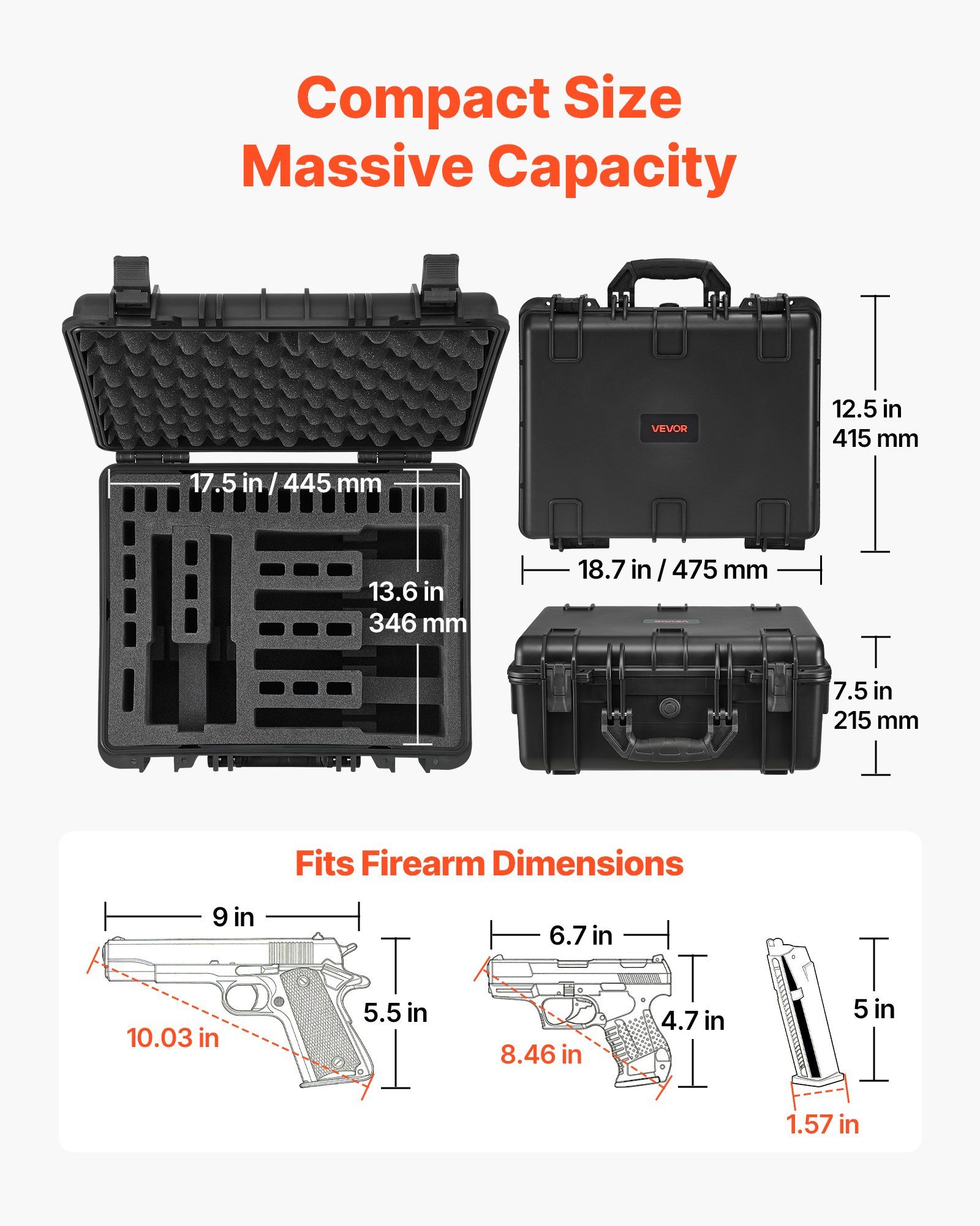 Hard Pistol Case, Heavy Duty Hard Gun Case with XPE Foam Interior, Waterproof Pistol Storage Box with Customizable Lining & Handle for Gun, Lenses, Camera, Gear, TSA Compliant, 475x415x215 mm - Image 3