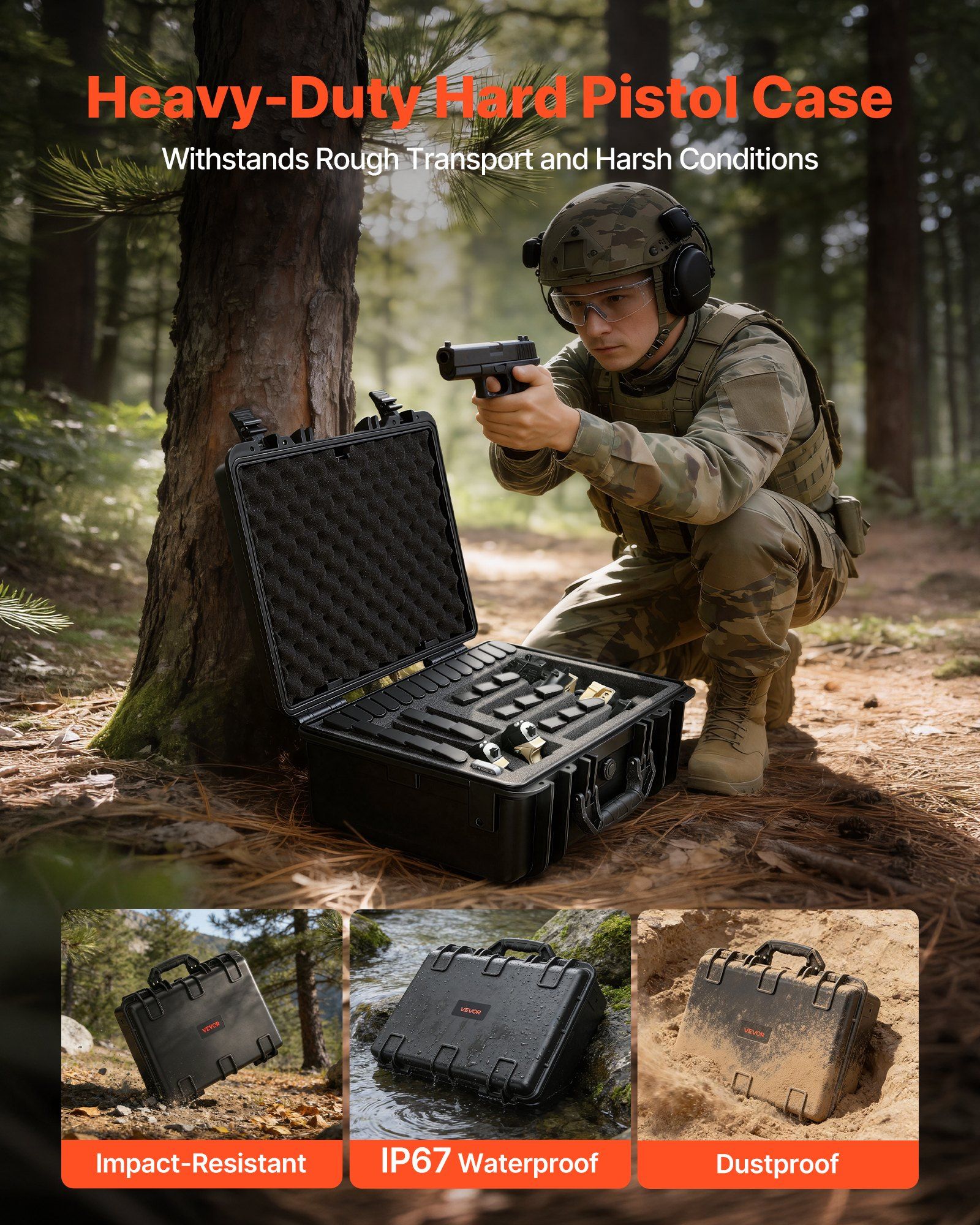 Hard Pistol Case, Heavy Duty Hard Gun Case with XPE Foam Interior, Waterproof Pistol Storage Box with Customizable Lining & Handle for Gun, Lenses, Camera, Gear, TSA Compliant, 475x415x215 mm - Image 4