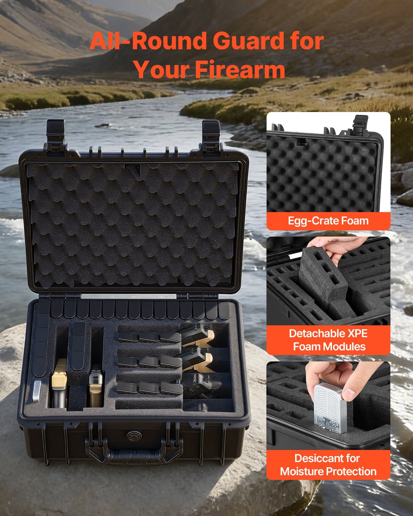 Hard Pistol Case, Heavy Duty Hard Gun Case with XPE Foam Interior, Waterproof Pistol Storage Box with Customizable Lining & Handle for Gun, Lenses, Camera, Gear, TSA Compliant, 475x415x215 mm - Image 5