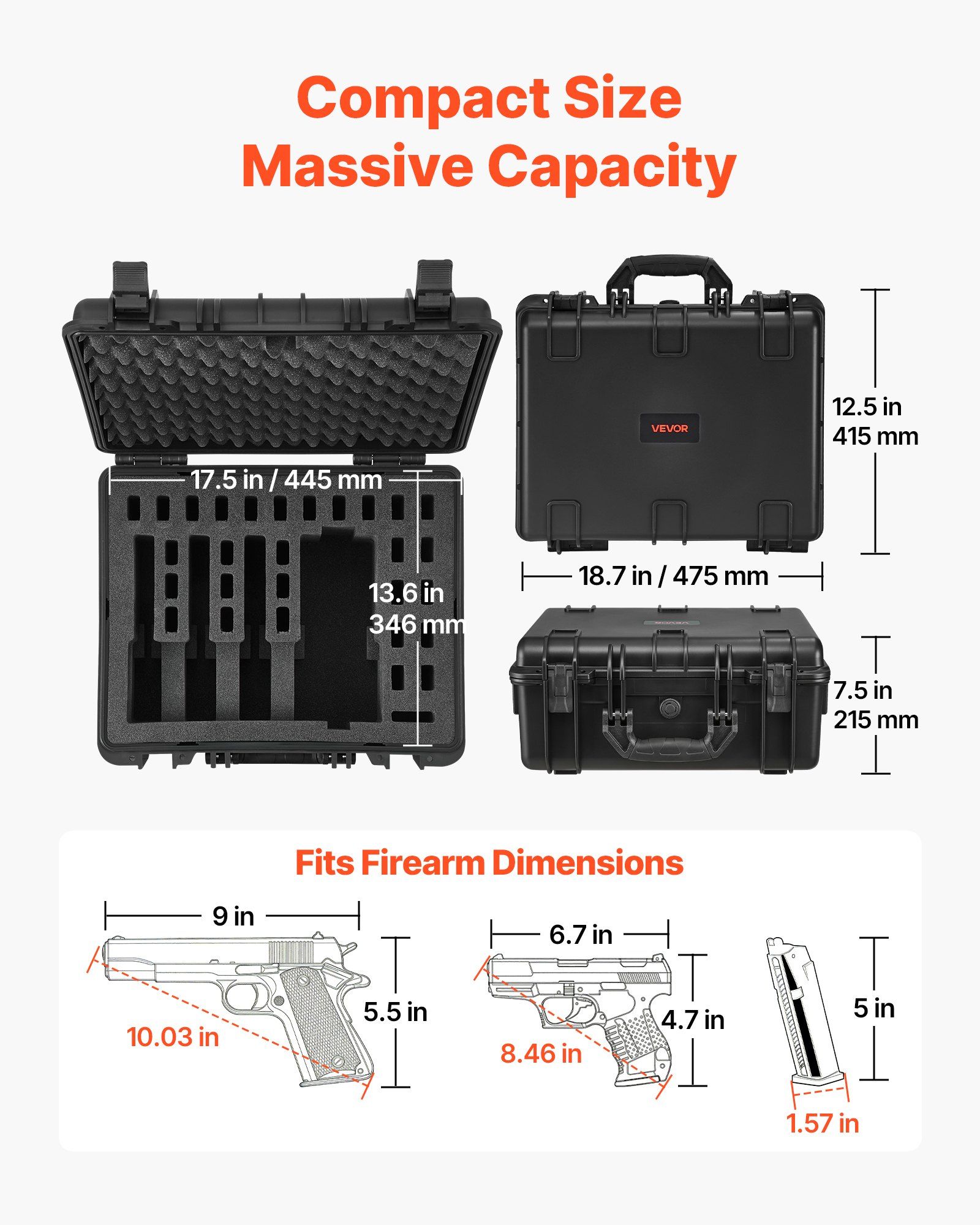 Hard Pistol Case, Heavy Duty Hard Gun Case with XPE Foam Lining, Waterproof Pistol Storage Box with Customizable Interior & Handle for Gun, Lenses, Camera, Gear, TSA Compliant, 475x415x215 mm - Image 3