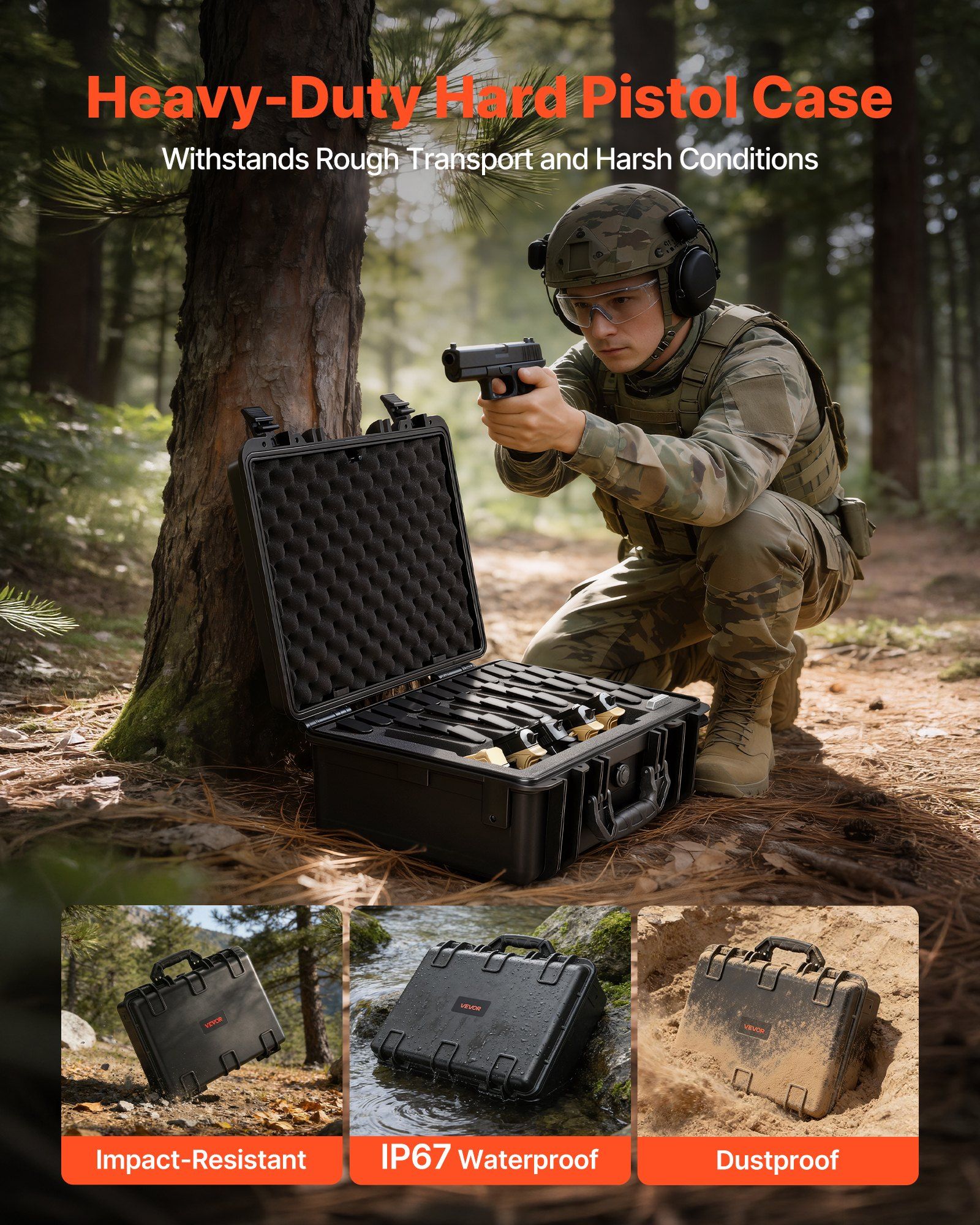 Hard Pistol Case, Heavy Duty Hard Gun Case with XPE Foam Lining, Waterproof Pistol Storage Box with Customizable Interior & Handle for Gun, Lenses, Camera, Gear, TSA Compliant, 475x415x215 mm - Image 4