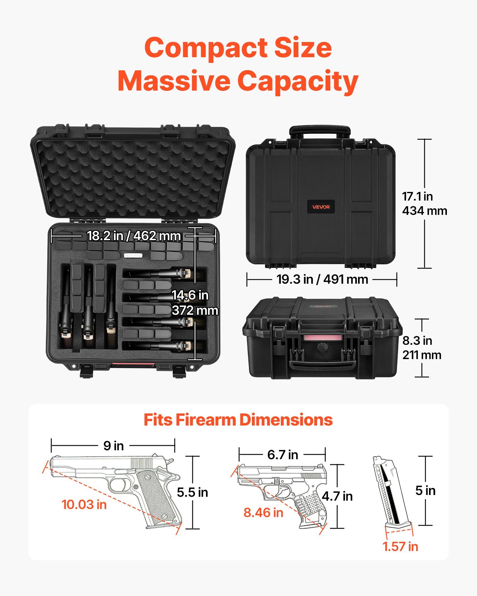 Hard Pistol Case, Heavy Duty Hard Gun Case with XPE Foam Lining, Waterproof Pistol Storage Box with Customizable Interior & Handle for Gun, Lenses, Camera, Gear, TSA Compliant, 491x434x211 mm - Image 3