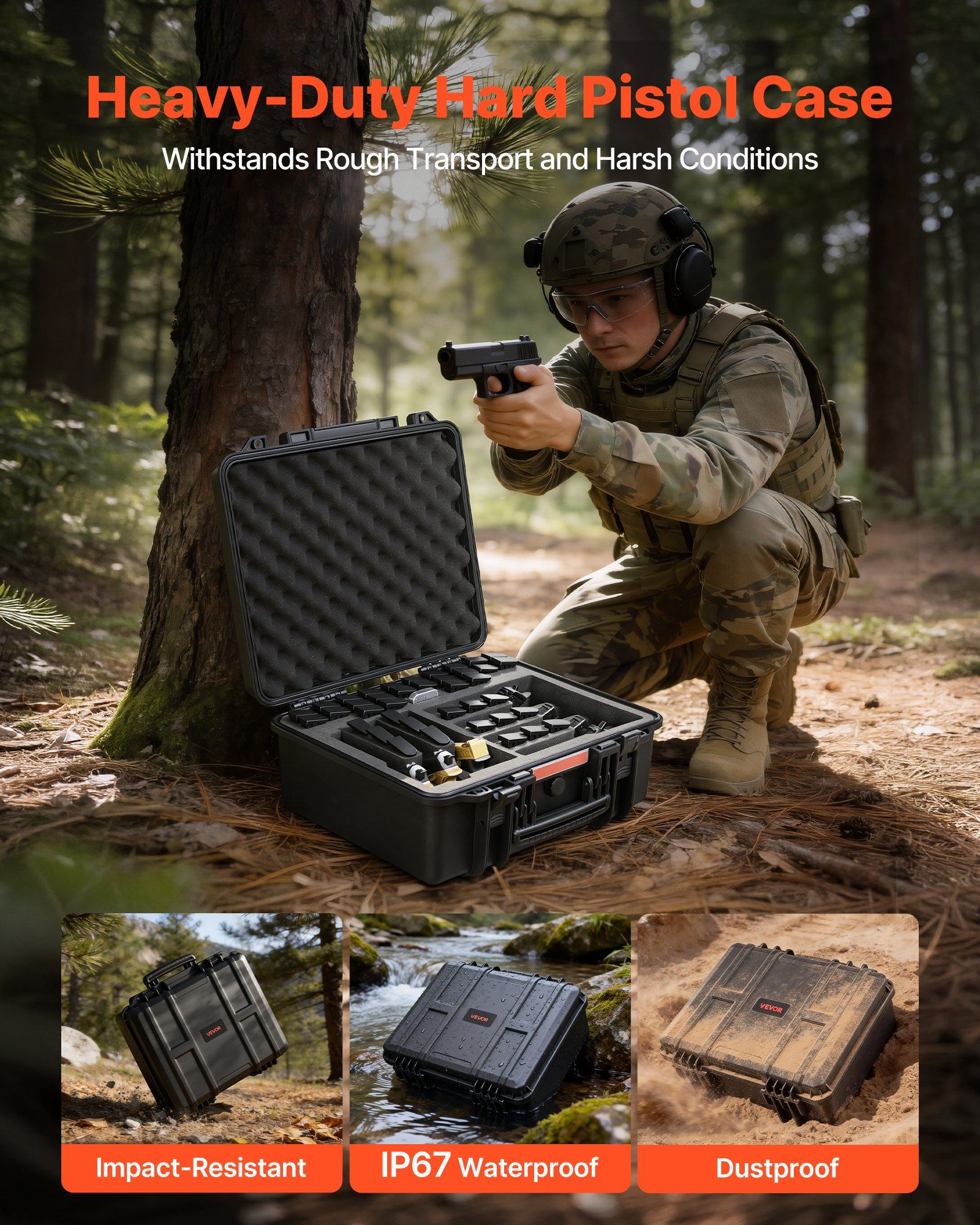 Hard Pistol Case, Heavy Duty Hard Gun Case with XPE Foam Lining, Waterproof Pistol Storage Box with Customizable Interior & Handle for Gun, Lenses, Camera, Gear, TSA Compliant, 491x434x211 mm - Image 4