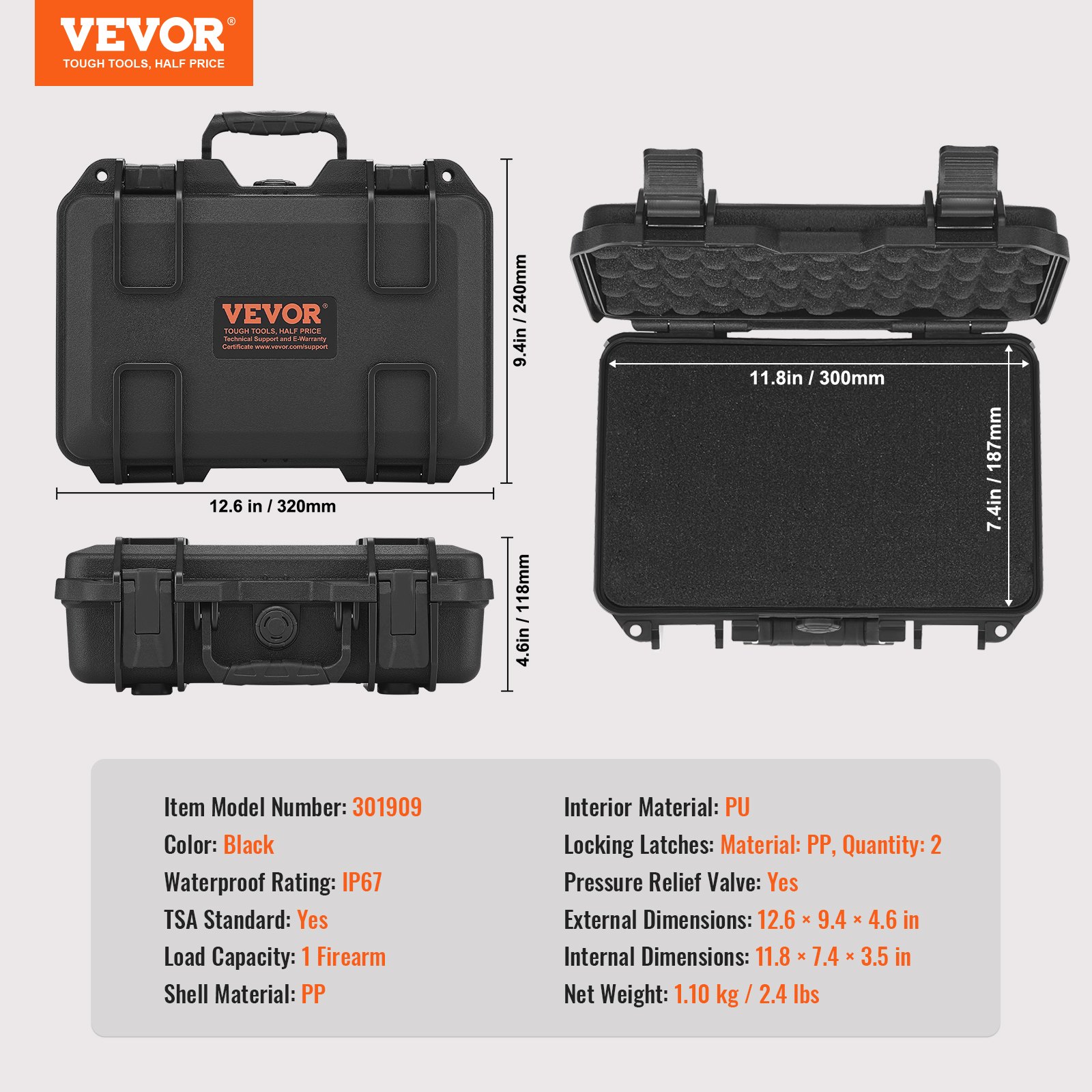 Hard Pistol Cases with Pre-cut PU Foam, Waterproof & Dustproof Hard Gun Case for 1 Pistol, 12.59×9.01×4.4 in Lockable Pistol Case, Black - Image 7