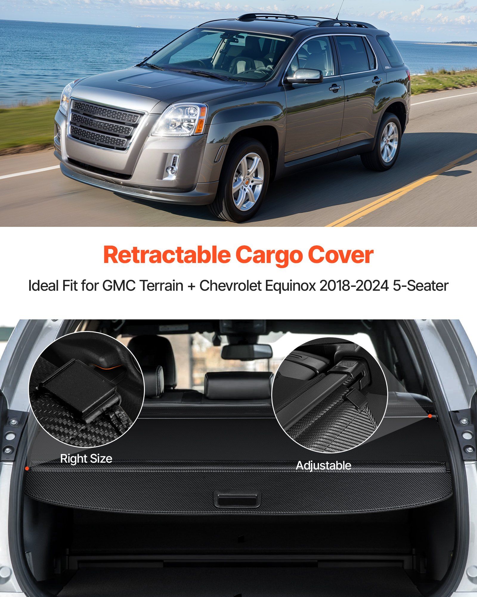 Retractable Cargo Cover, Carbon Fiber Texture Trunk Cover, Anti-Peeping Luggage Privacy Shield, Seamless Fixation Shade, Extended Version for GMC Terrain & Chevrolet Equinox 2018-2024 5-Seater - Image 2