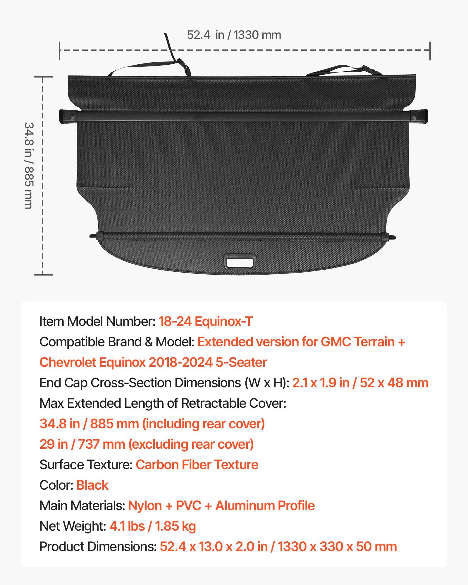 Retractable Cargo Cover, Carbon Fiber Texture Trunk Cover, Anti-Peeping Luggage Privacy Shield, Seamless Fixation Shade, Extended Version for GMC Terrain & Chevrolet Equinox 2018-2024 5-Seater - Image 7