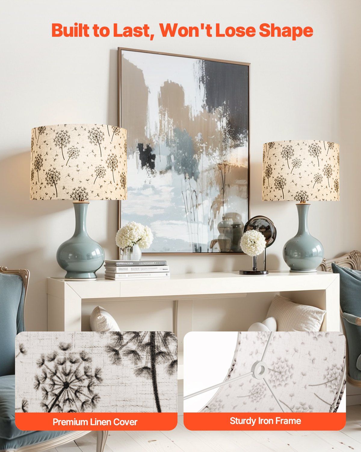 Drum Lamp Shade 2 Set, 33 cm Top x 33 cm Bottom x 25 cm High, Medium Drum Linen Lampshade, Replacement Lamp Shade for Table Lamps Floor Lamps, Easy Assembly Required (Light Dandelion Pattern) - Image 3