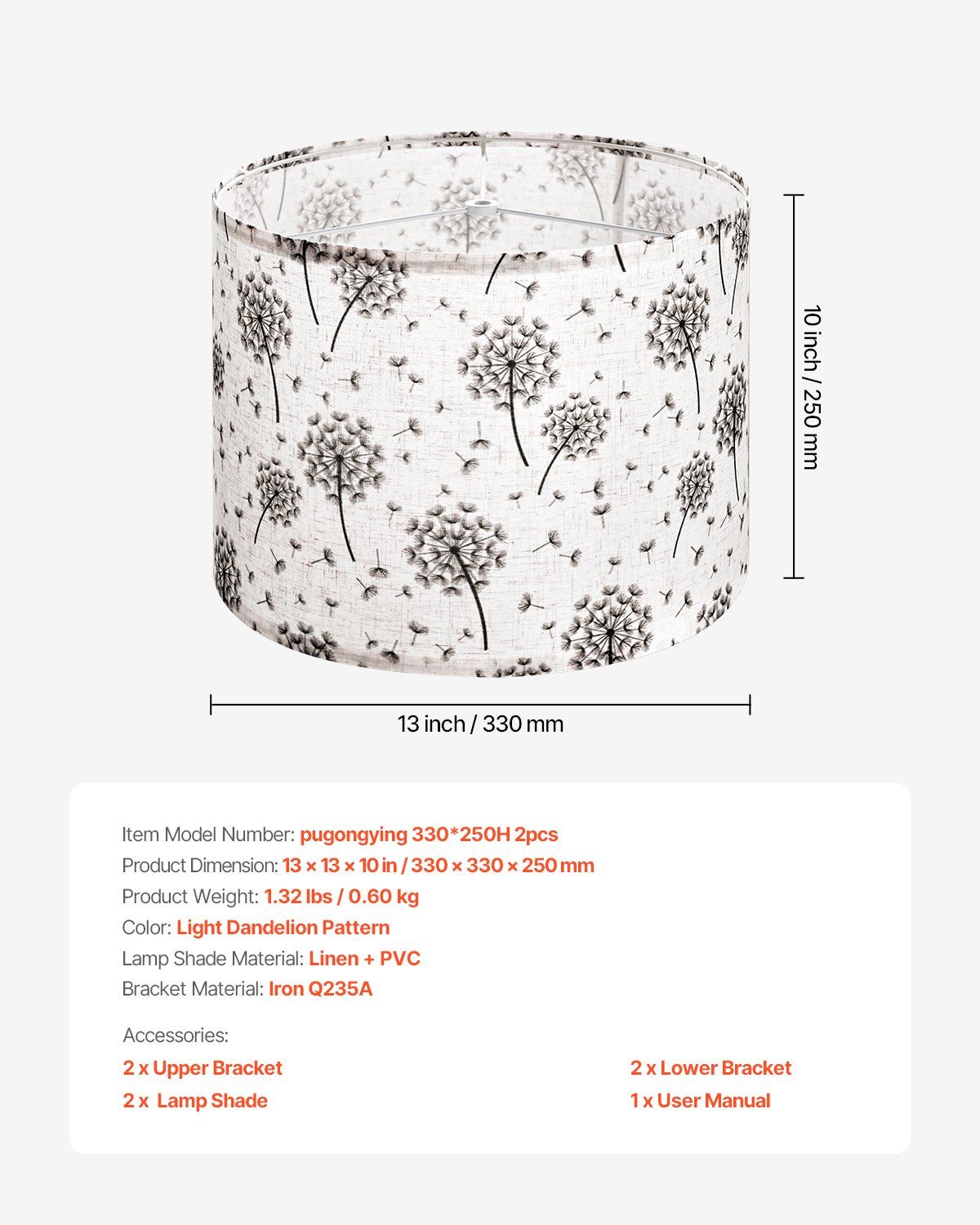 Drum Lamp Shade 2 Set, 33 cm Top x 33 cm Bottom x 25 cm High, Medium Drum Linen Lampshade, Replacement Lamp Shade for Table Lamps Floor Lamps, Easy Assembly Required (Light Dandelion Pattern) - Image 7
