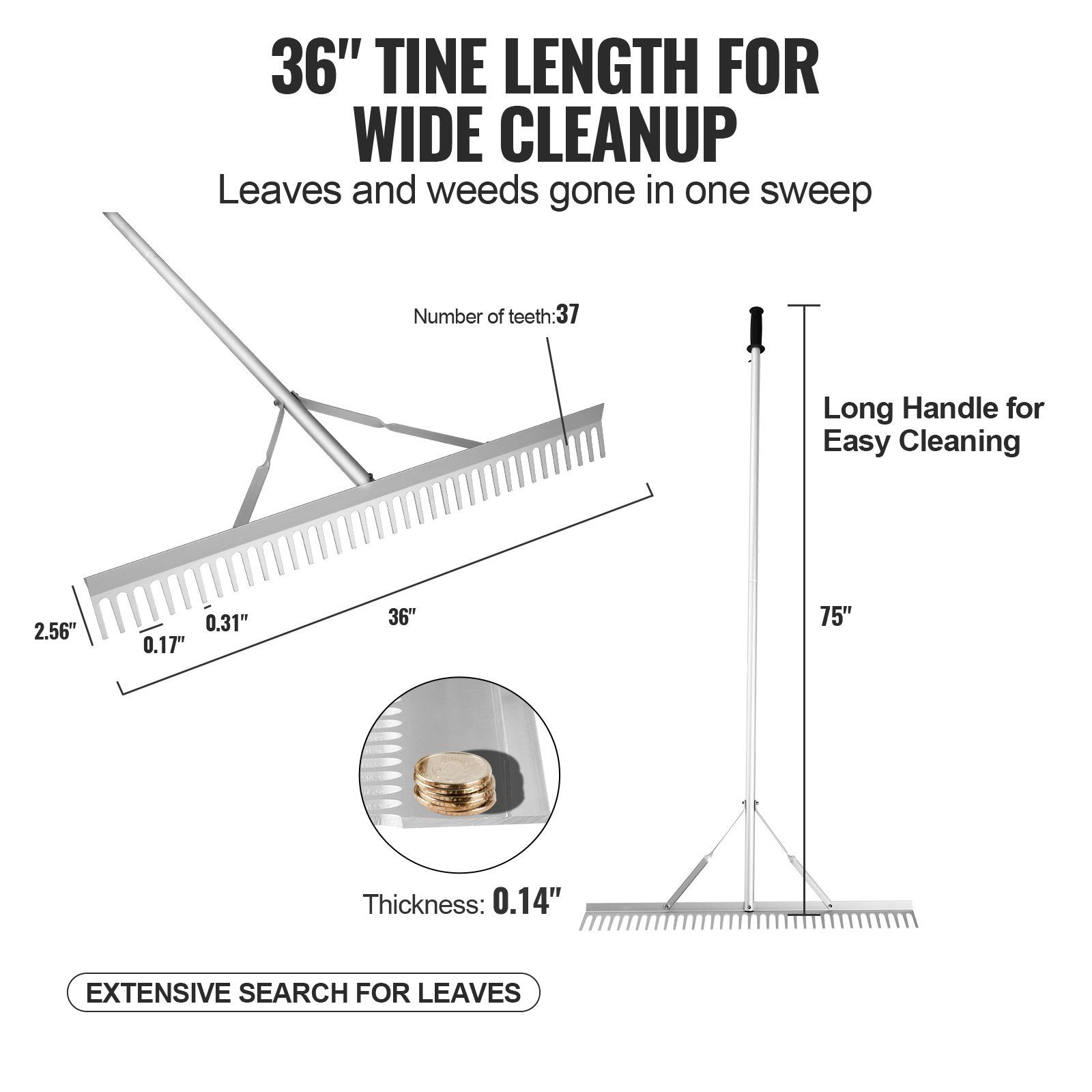 Landscape Rake, 915mm Head Aluminum Landscape Rake, Lake Weed Rake with 1915mm Long Handle, for Loosening Soil, Lawn Care, Weeding Lake, Garden, Pond - Image 3